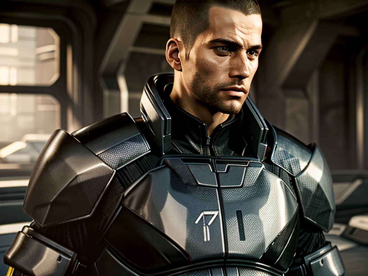 ( masterpiece,  of the best quality)
MaleShepard,  One,  short hair,  black hair ,  1 boy ,  upper body ,  male focus , armor,  looking away,  facial hair, thick eyebrows, beard, the sideburns,  adult male, realistic, poison, very  short hair,  courageous , hedgehog, Epic,  cinematic composition , backlight, contrast 
  