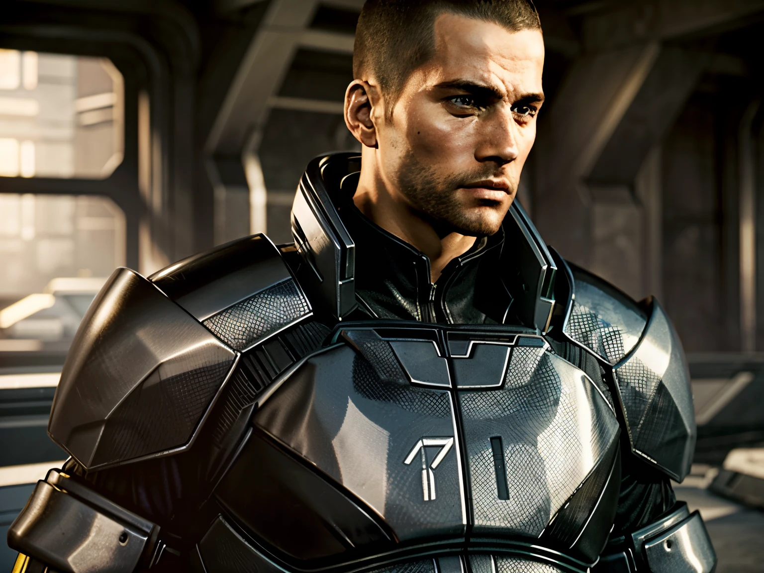 ( masterpiece, of the best quality)
MaleShepard, One, short hair, black hair , 1 boy , upper body , male focus , armor, looking away, facial hair, thick eyebrows, beard, the sideburns, adult male, realistic, poison, very short hair, courageous , hedgehog, Epic, cinematic composition , backlight, contrast