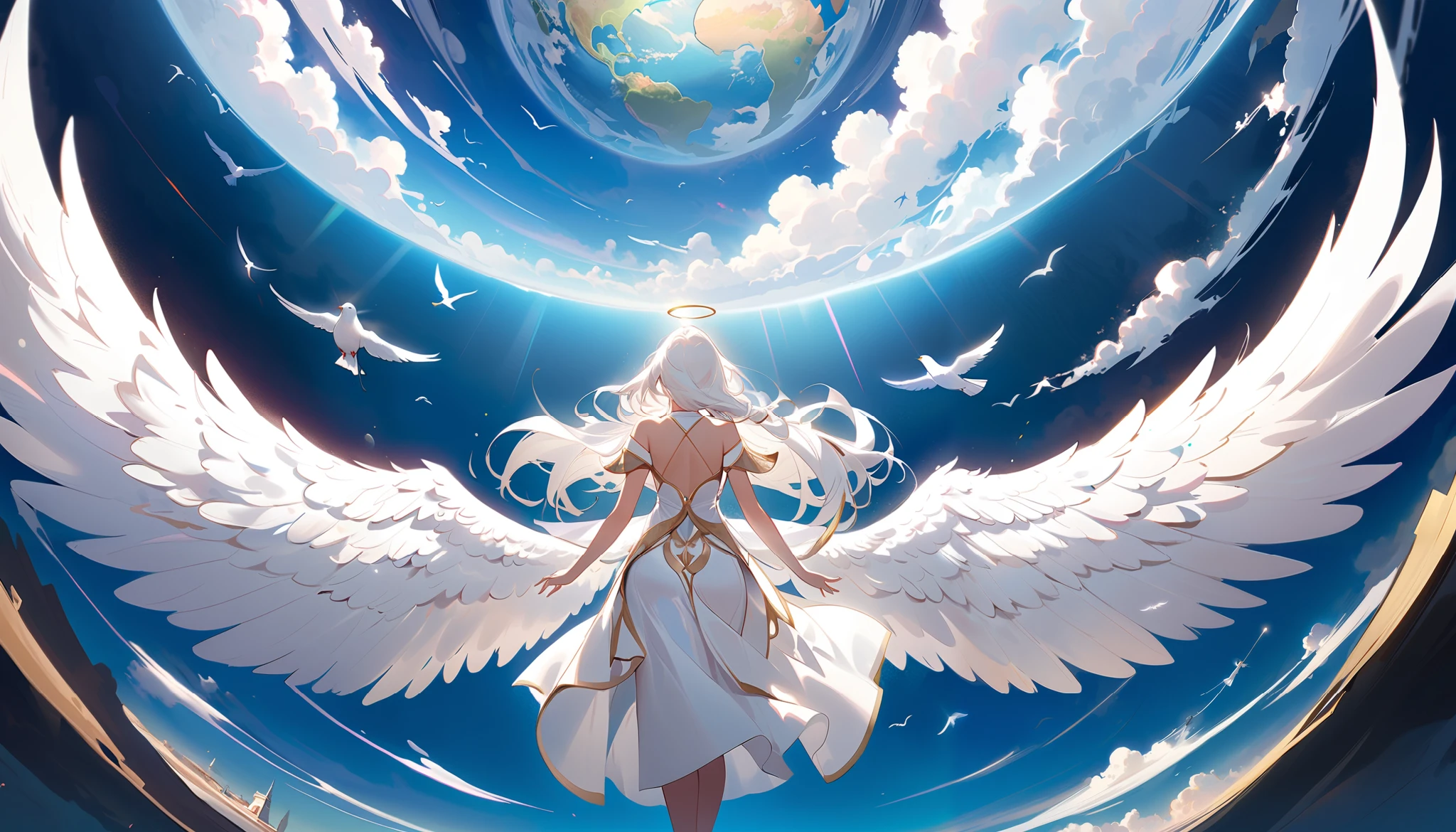 ((( A bird's-eye view of a beautiful female angel with long white hair and white goddess clothes:1.5))), ((( big, beautiful angel wings grow from her shoulders :1.5))),(arms spread wide), (((She floats in the sky and looks down at the world below :1.5)))、 An epic and wonderful fantasy world ,   Details, masterpiece、 best quality, Composition like a scene from a movie , golden ratio, dynamic angle,((( from above:1.2))), anime style、Her back view,