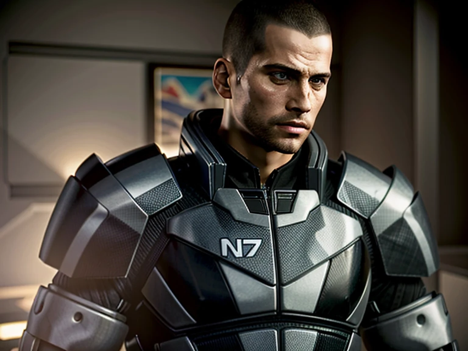 ( masterpiece,  of the best quality)
MaleShepard,  One,  short hair,  black hair ,  1 boy ,  upper body ,  male focus , armor,  looking away,  facial hair, thick eyebrows, beard, the sideburns,  adult male, realistic, poison, very  short hair,  courageous , hedgehog, Epic,  cinematic composition , backlight, contrast 
  
