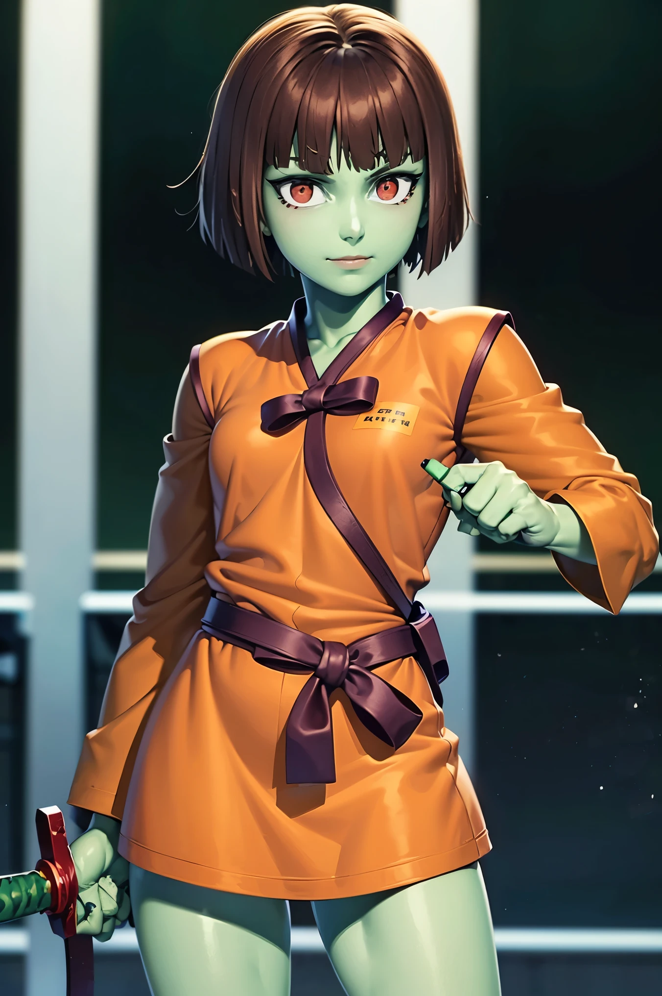 (4k,8k,best quality, masterpiece:1.2), ultra-detailed, realistic, realism, perfect face, perfect nose, perfect hands, detailed hair, detailed eyes, detailed lips, realistic colors, studio lightning, (((cowboy shot)), small mouth, looking at viewer, 1girl, ( red eyes,glowing eyes,brown hair,short hair, green skin, muscular :1.3),((adult)),(30yo),smirk,anak zahard, whip sword, whip, (fighting pose)
