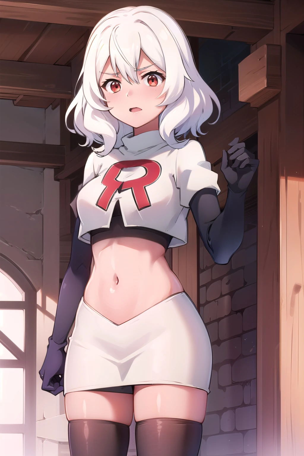 (masterpiece, best quality, ultra-detailed), AnnaNishikinomiya, white hair, aqua eyes, short hair, hairband, large breasts, team rocket,team rocket uniform,white skirt,red letter R,crop top,black thigh-highs,black elbow gloves,