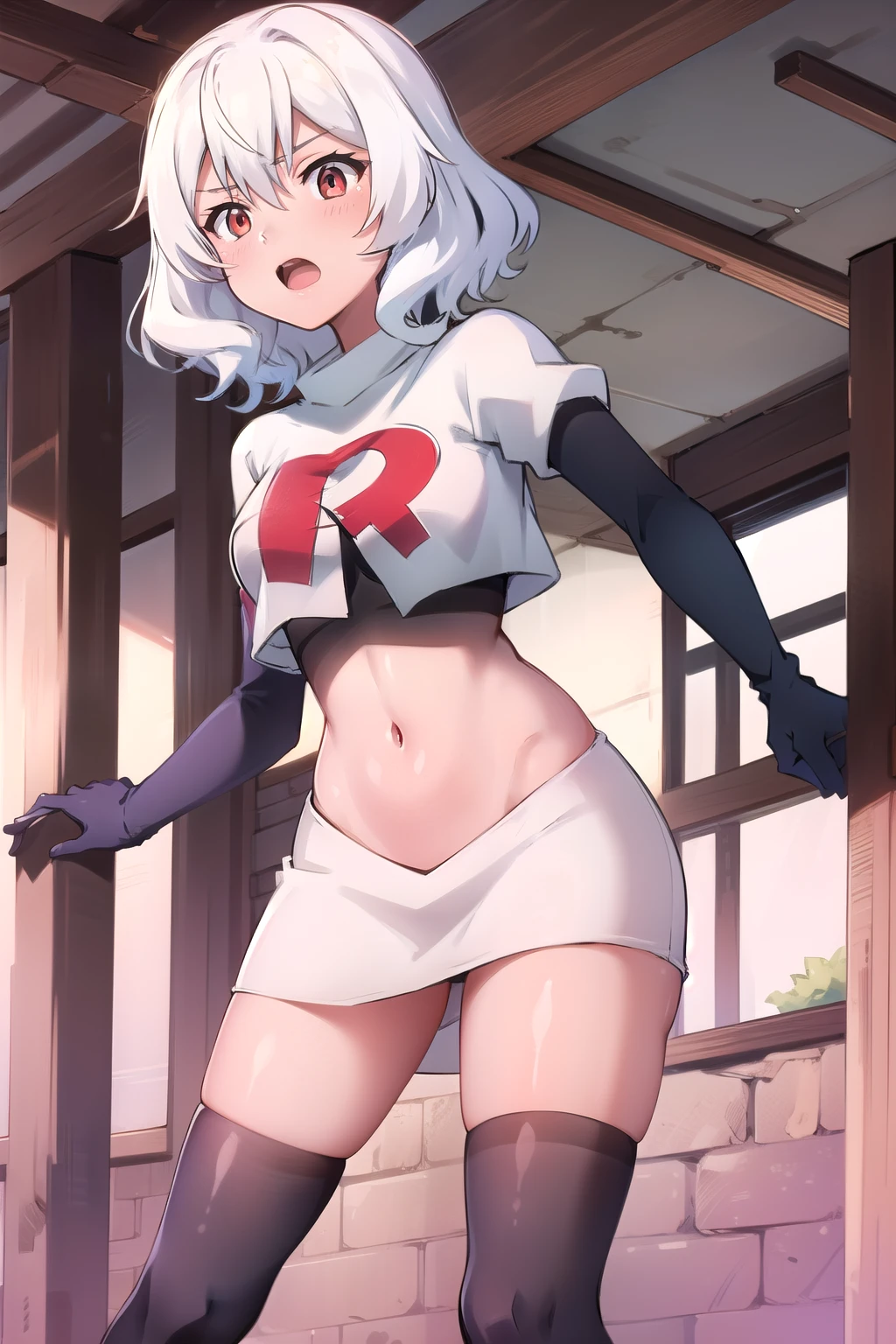 Altria Grem, team rocket,team rocket uniform,white skirt,red letter R,crop top,black thigh-highs,black elbow gloves