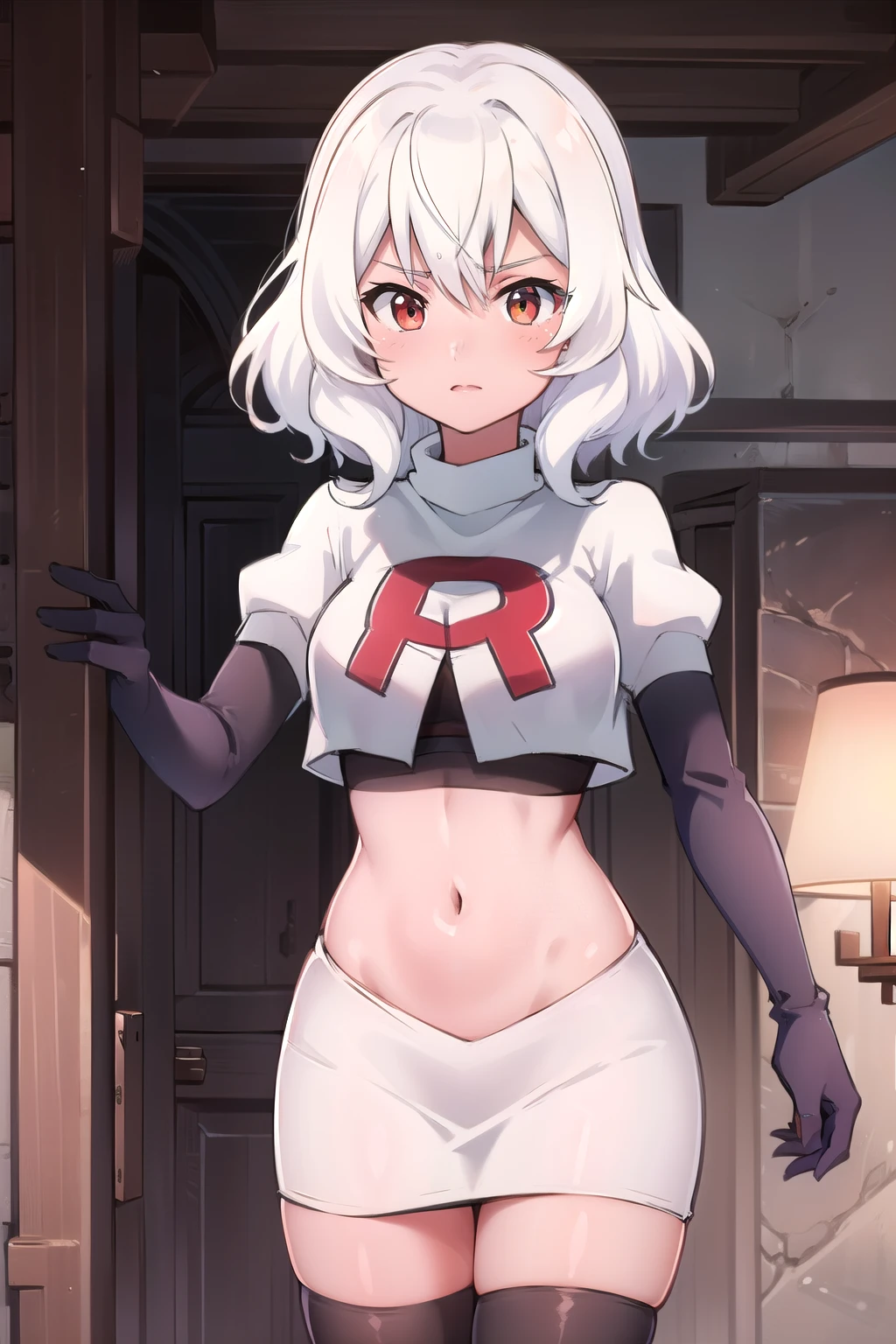 (masterpiece, best quality, ultra-detailed), AnnaNishikinomiya, white hair, aqua eyes, short hair, hairband, large breasts, team rocket,team rocket uniform,white skirt,red letter R,crop top,black thigh-highs,black elbow gloves,