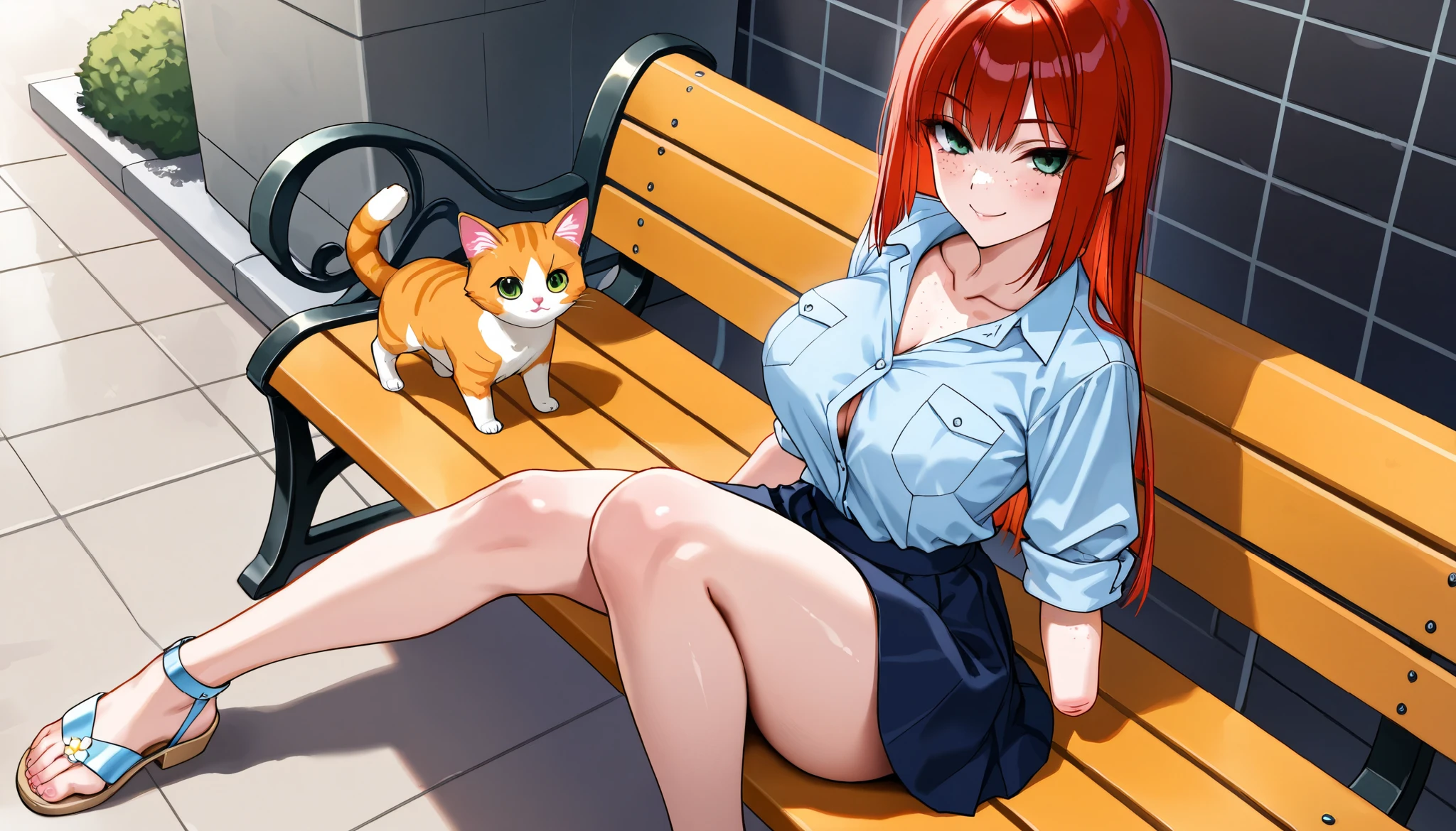 beautiful amputee girl dressed in blue shirt with rolled sleeves and skirt sitting on bench on the shiny street, girl, cute, sassy, smile, green eyes, (freckles), ((long straight red hair)), ((light blue button down shirt)), (rolled up sleeves), ((amputee)), ((missing forearms)), (((arm stumps))), ((collarbone)), big breasts, (chest pocket), ((legs)), light sandals, looking at viewer, shiny street, bench, ginger cat, detailed