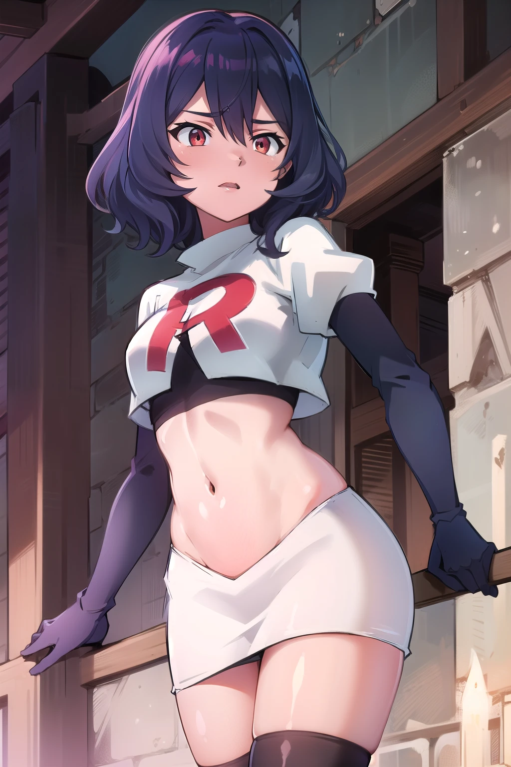 Altria Grem, team rocket,team rocket uniform,white skirt,red letter R,crop top,black thigh-highs,black elbow gloves