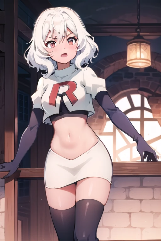 absurdres, 1girl, small breast, white hair, team rocket,team rocket uniform, red letter R, white skirt,white crop top,black thigh-highs,black elbow gloves
 