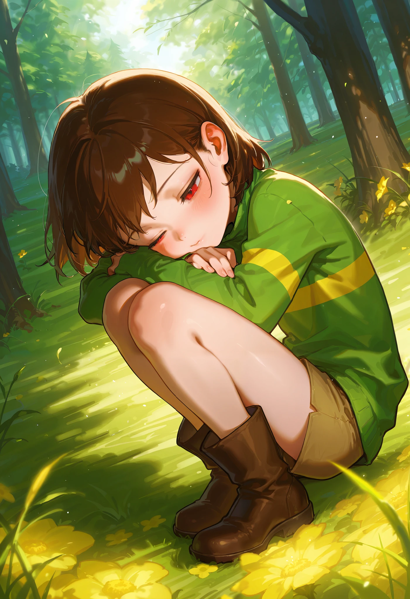 solo, score 9, score 8, score 7, Best quality::2.5, artwork::2.5, Masterpiece::2.5, Beautiful features, good anatomy, realistic look, beautiful details, Close up, detailed eyes, rodecchi, , chara undertale, chara, Brown hair, Pink cheeks, Red eyes, (green shirt with yellow stripe), short brown shorts, brown boots, Forest, yellow flowers, day,