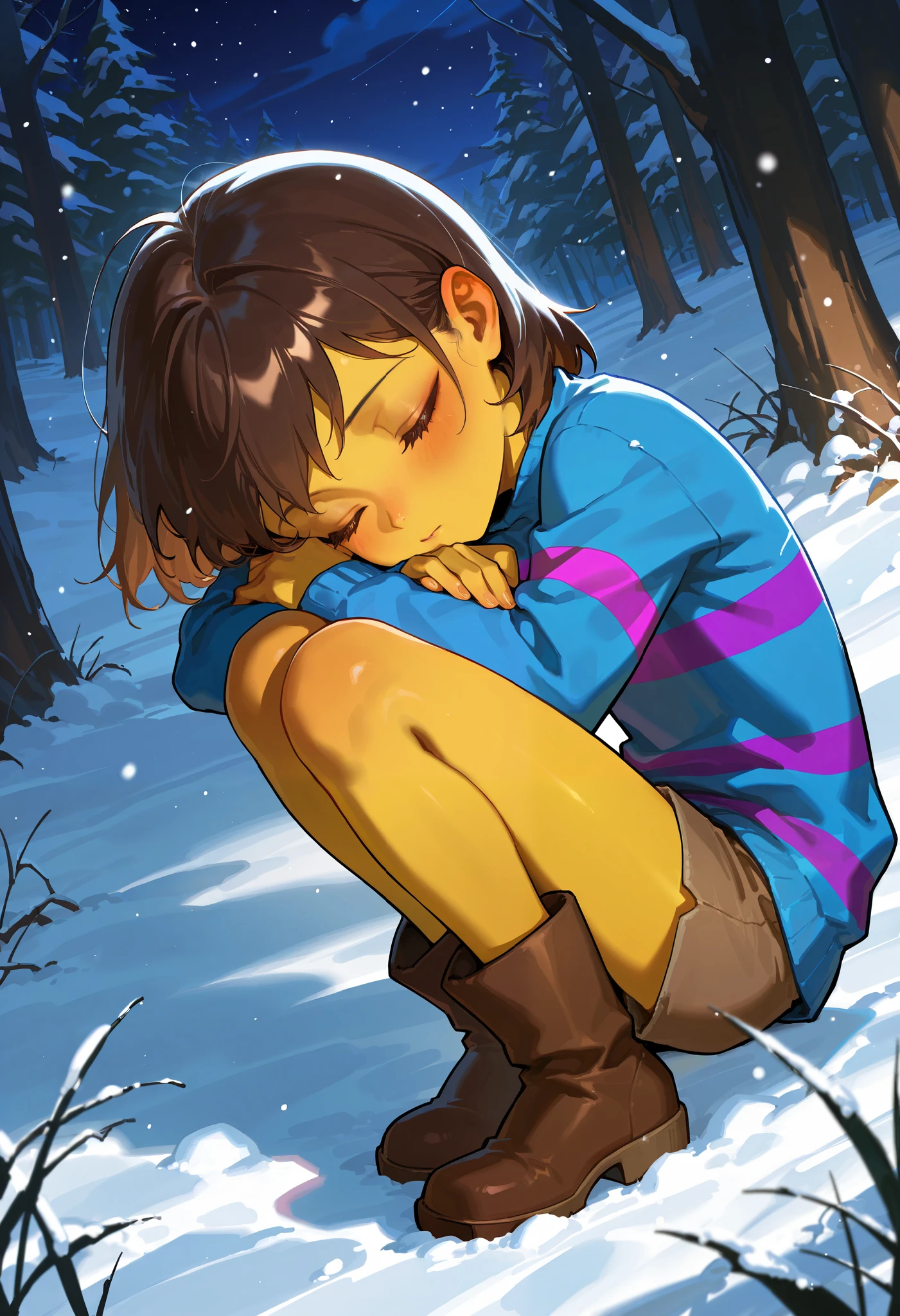 solo, score 9, score 8, score 7, Best quality::2.5, artwork::2.5, Masterpiece::2.5, Beautiful features, good anatomy, realistic look, beautiful details, Close up, detailed eyes, rodecchi, , frisk undertale, frisk, Eyes closed, Yellow skin, Short brown hair, (Blue shirt with purple stripes), short brown shorts, brown boots, Snowy forest, snow, night, 