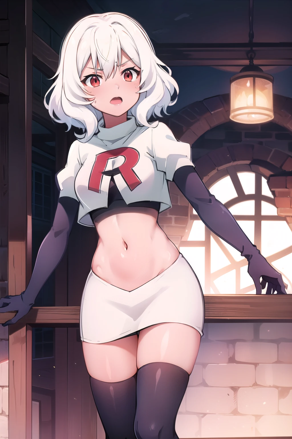 Altria Grem, team rocket,team rocket uniform,white skirt,red letter R,crop top,black thigh-highs,black elbow gloves