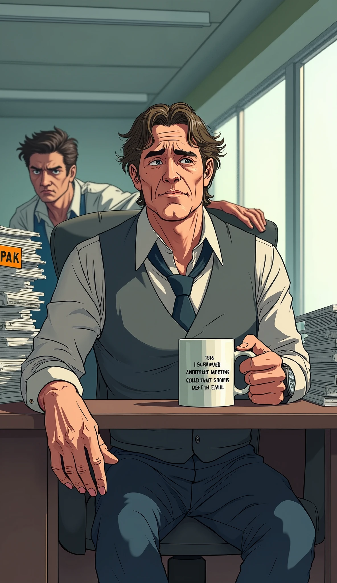 A completely unmotivated HR employee who avoids conflict at all costs. Patrick "Pat" Fink is a 30-something man with unshaven skin, unkempt hair, and visible bags under his eyes. He wears a wrinkled dress shirt, a gray vest, and a loose tie, and always looks tired. He holds an oversized coffee mug with the phrase 'I survived another meeting that could have been an email' on it, while looking at his watch with a bored expression. In the background, an irritated employee gestures, clearly complaining about something serious, but Pat just nods mechanically, not paying attention. The anime style exaggerates his exhaustion with dark shadows under his eyes, a slight 'spirit leaving the body' effect, and an aura of pure apathy surrounding him. His modern office has a desk piled high with HR forms and a 'Back in 5 minutes' sign hanging from his chair, indicating his tendency to disappear whenever possible.