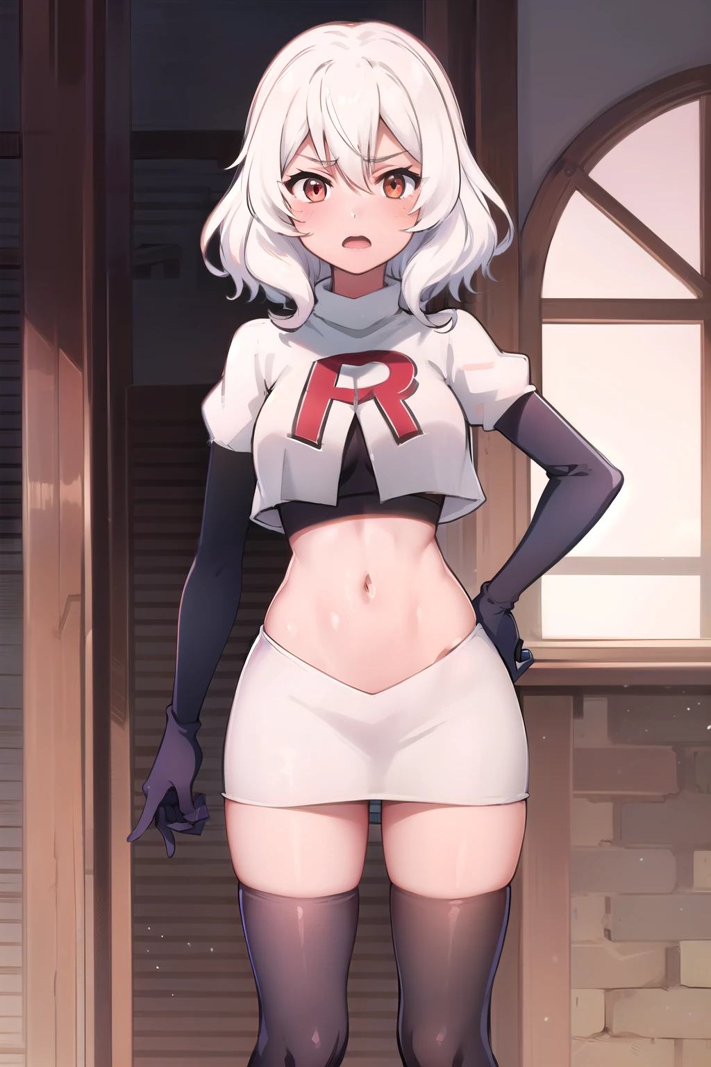 reinepavolia, reine pavolia, blue eyes, braid, braided bangs, light purple hair, parted bangs, ponytail, single braid,
BREAK earrings, feather hair ornament, feathers, jewelry, team rocket,team rocket uniform, red letter R, white skirt,white crop top,black thigh-highs,black elbow gloves
BREAK looking at viewer,
BREAK (masterpiece:1.2), best quality, high resolution, unity 8k wallpaper, (illustration:0.8), (beautiful detailed eyes:1.6), extremely detailed face, perfect lighting, extremely detailed CG, (perfect hands, perfect anatomy),