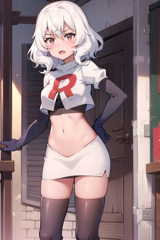 1girl, (kijin seija), breasts, solo, streaked hair, black hair, short hair, multicolored hair, horns, red eyes, crazy eyes, wide-eyed, constricted pupils, team rocket,team rocket uniform, red letter R, white skirt,white crop top,black thigh-highs,black elbow gloves
