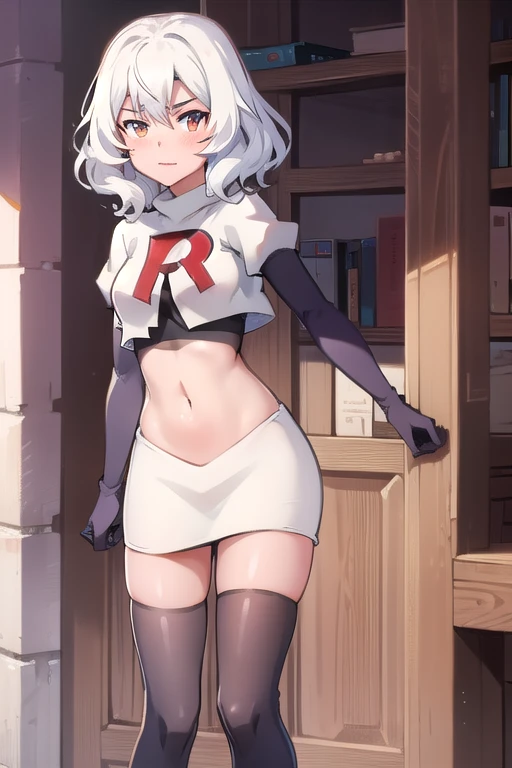 ((masterpiece)), (best quality:1.7), (detailed:1.4), (high res:1.4), 8k, (colorful:1.5), 2d, high resolution, sharped image, 4k, hd, neferpitou_hunterxhunter, 1other, solo, red eyes, white hair, white tail, animal ears, curly hair, hair between eyes, medium breasts, androgynous, short hair, cat ears,(((cat tail))))), (narrow eyes), ((slim)), long legs, :3, (( character)), team rocket,team rocket uniform,white skirt,red letter R,crop top,black thigh-highs,black elbow gloves