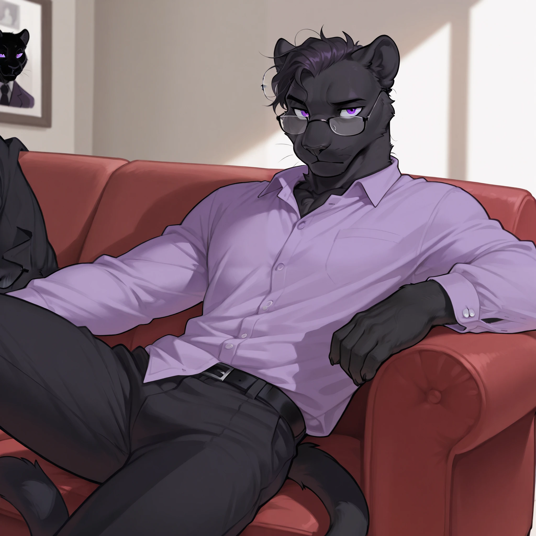 Furry black panther, man, masculine, black panther, lounging, disheveled clothes, purple eyes, solo, glasses, couch.