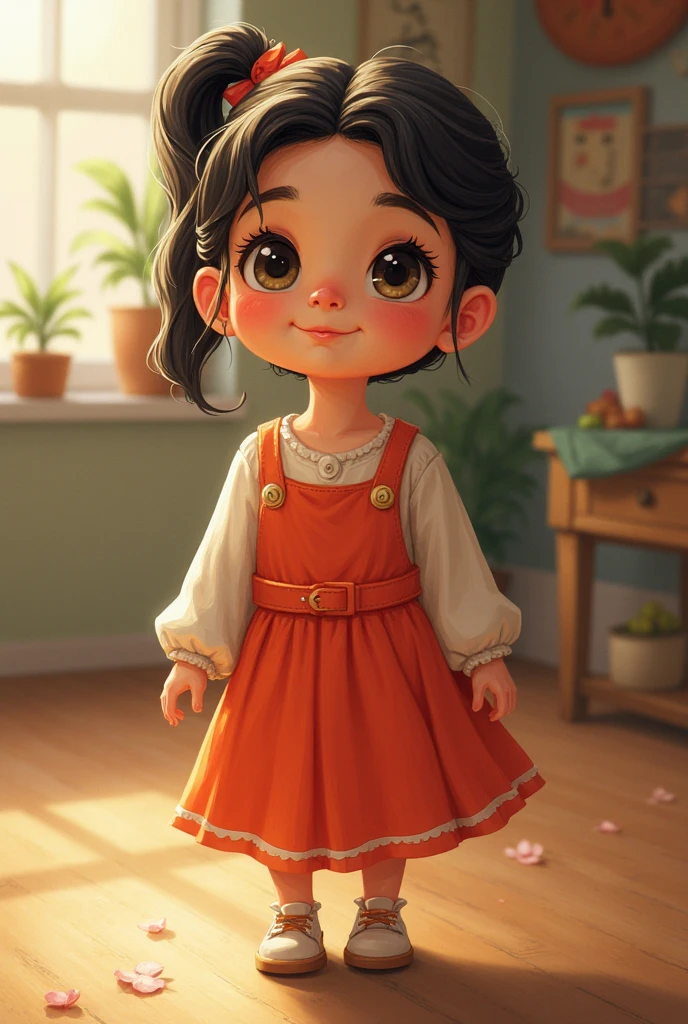 AGE: 2 Hair Color and Style: negro, waist-length, tangled hair Face: oval Height and Build: Tall and strong build Eye Color: Blue with yellow Clothes: Clothing red dress to the waist Facial Expression and Posture: smiling, happy posture standing color: Artistic Style Porcelain: human