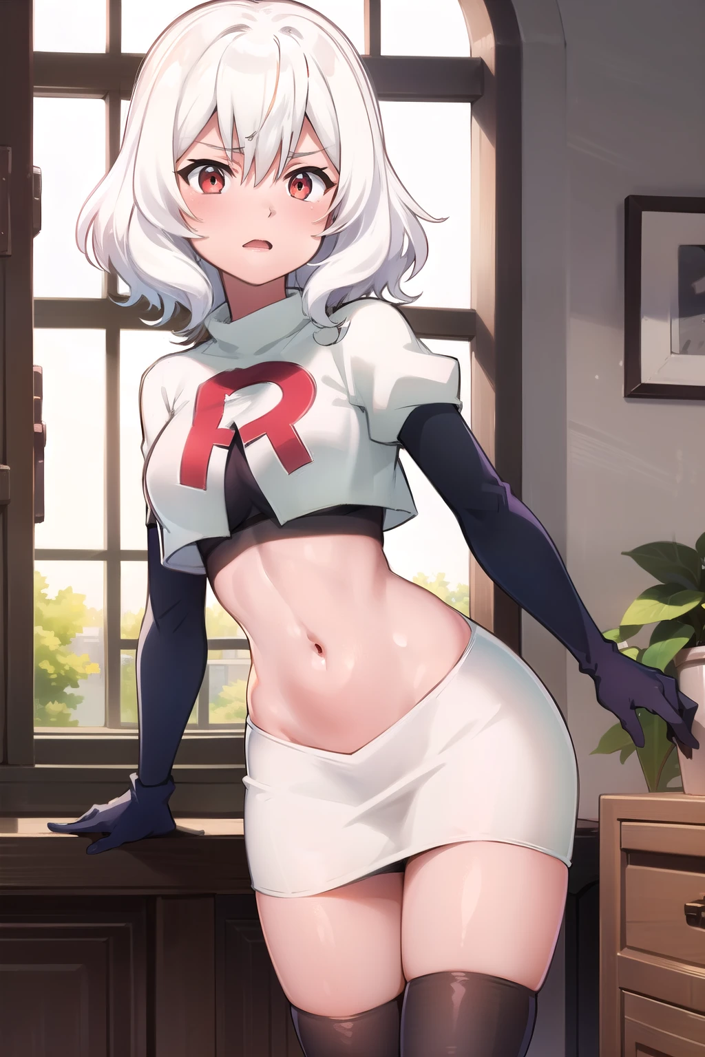 Altria Grem, team rocket,team rocket uniform,white skirt,red letter R,crop top,black thigh-highs,black elbow gloves