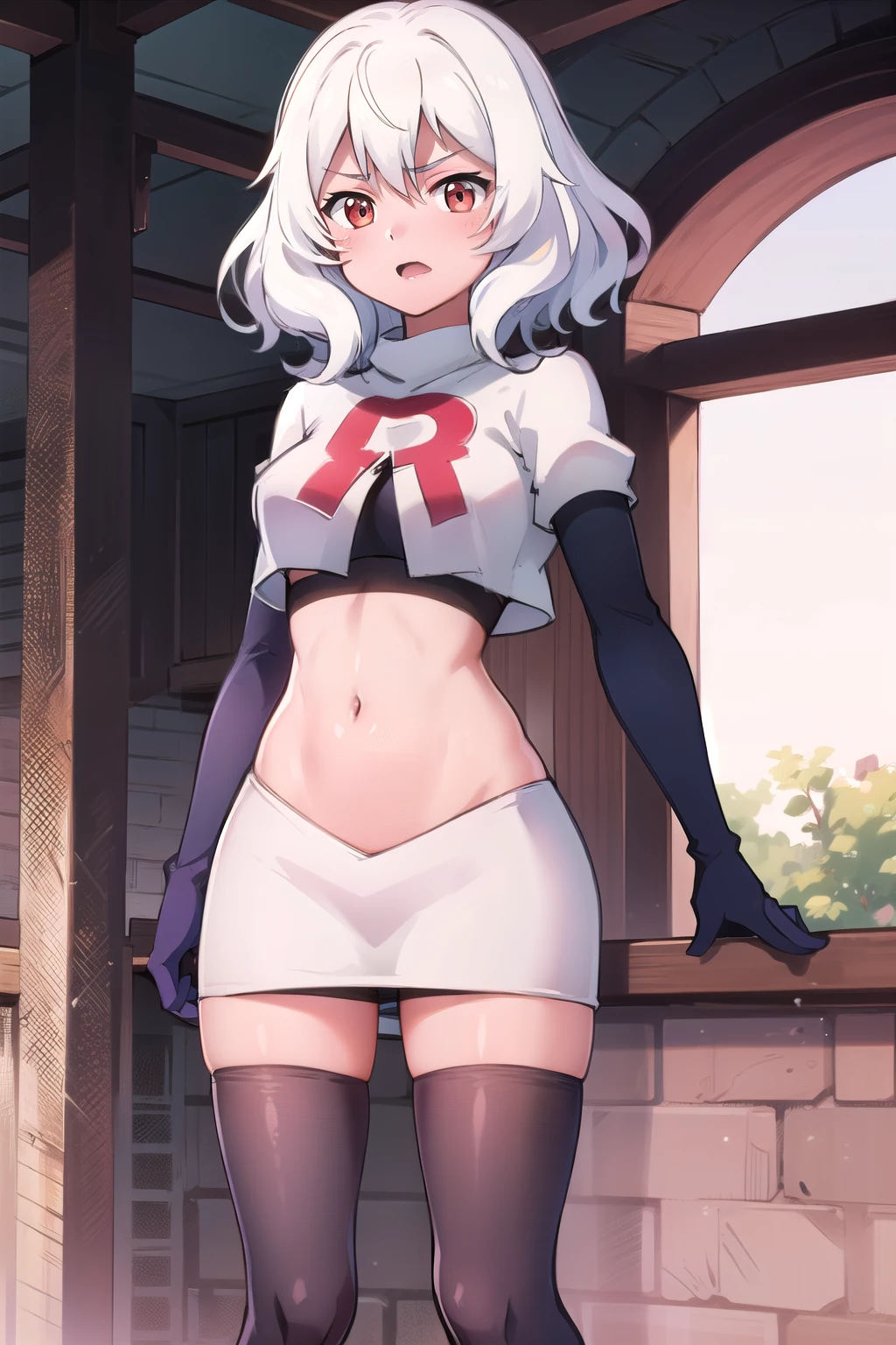 Altria Grem, team rocket,team rocket uniform,white skirt,red letter R,crop top,black thigh-highs,black elbow gloves