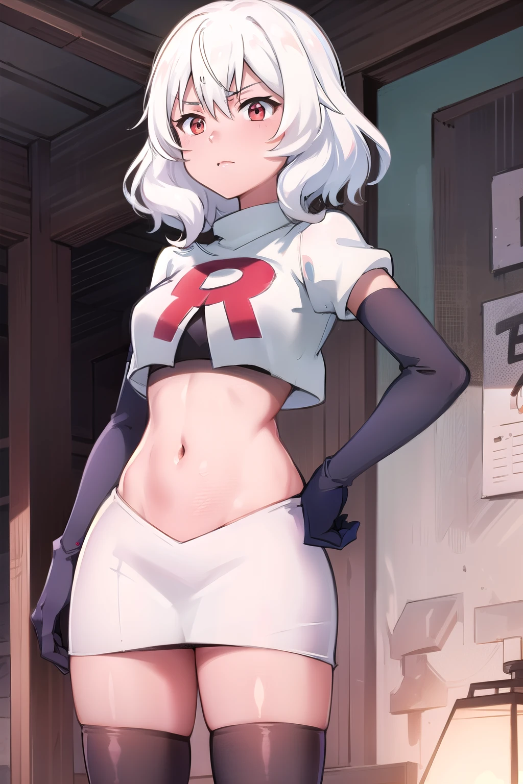 Altria Grem, team rocket,team rocket uniform,white skirt,red letter R,crop top,black thigh-highs,black elbow gloves