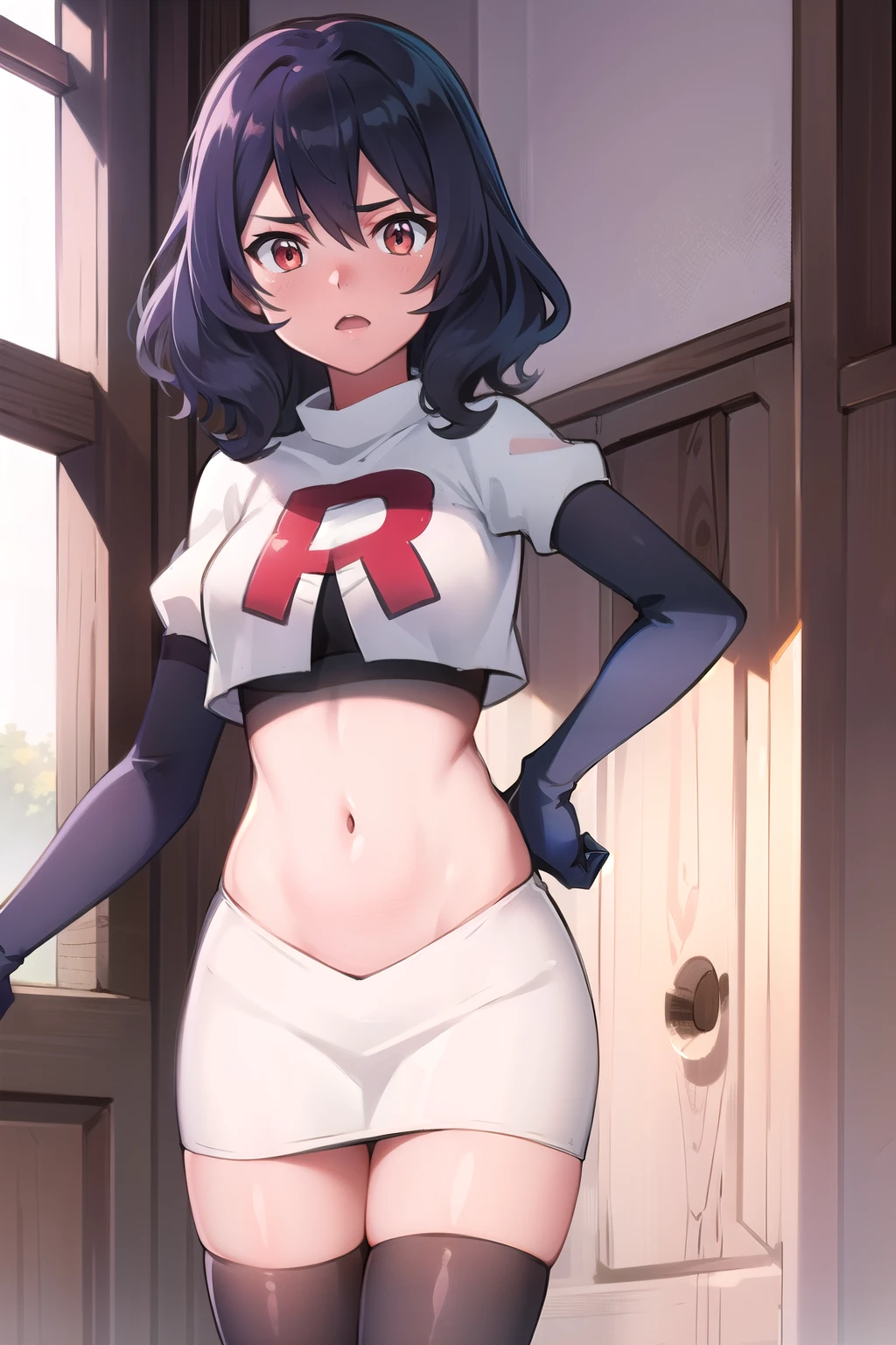 Altria Grem, team rocket,team rocket uniform,white skirt,red letter R,crop top,black thigh-highs,black elbow gloves