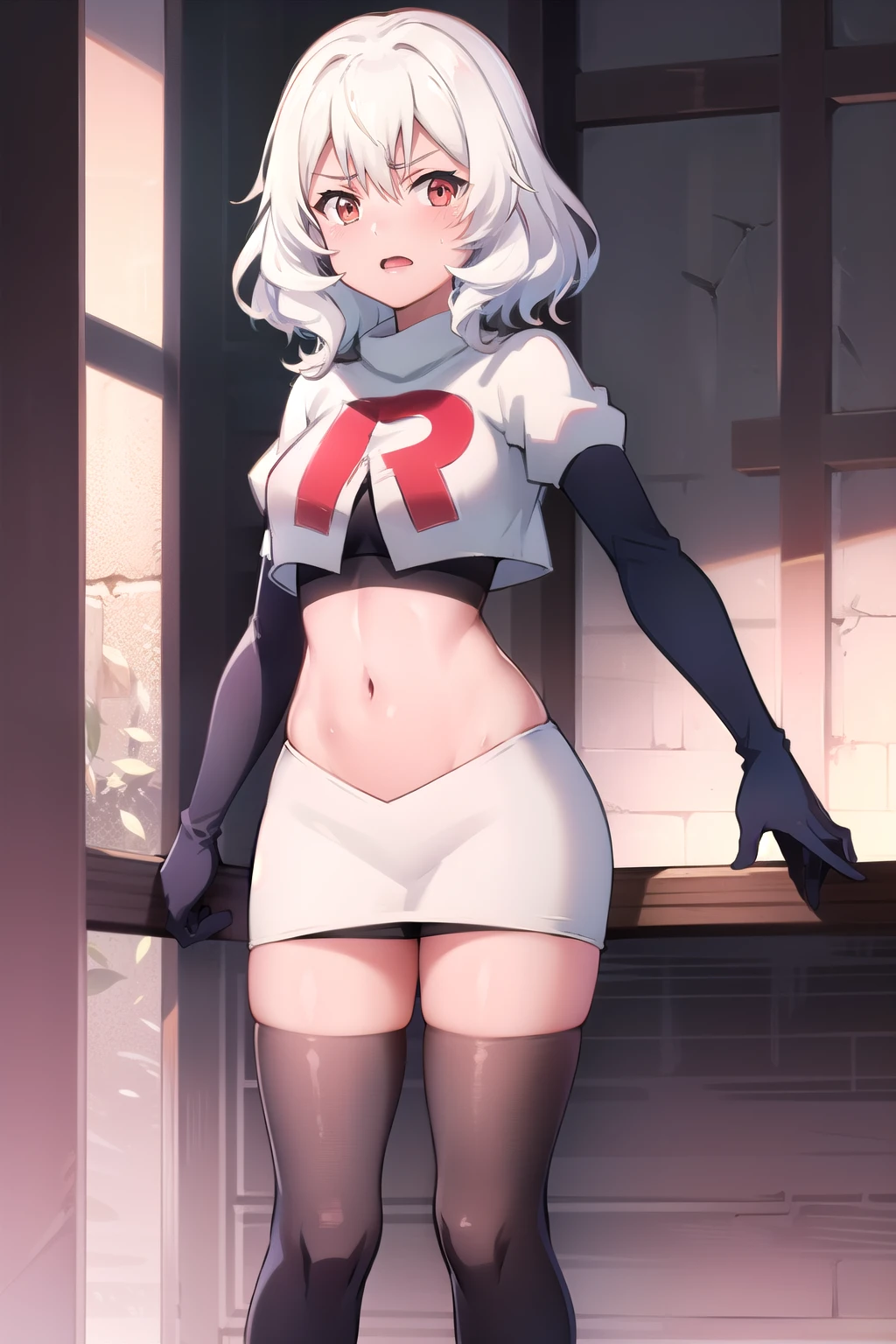 Altria Grem, team rocket,team rocket uniform,white skirt,red letter R,crop top,black thigh-highs,black elbow gloves