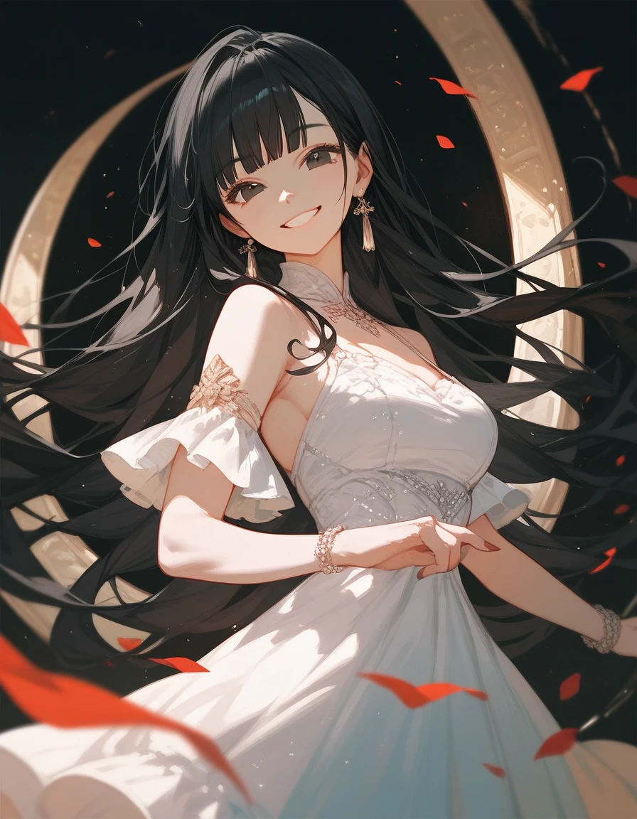 White light，White slip dress，Girl，Long black hair，Fall from the sky

