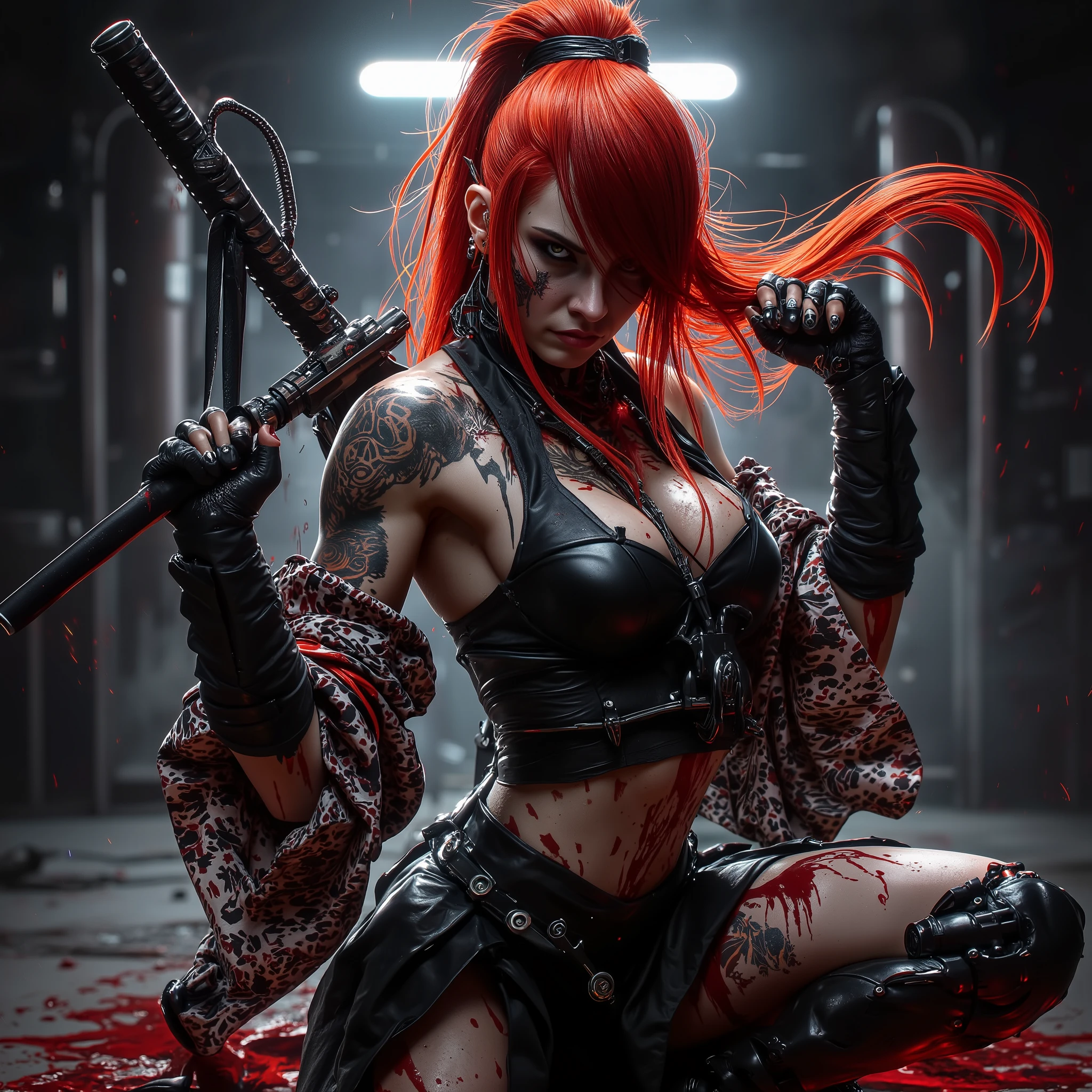 a portrait of adead sexy woman, dressed as bloodrayne, ((soaking wet of a blood)), redhead, freckles teacher is sitting, slate atmosphere, cinematic, dimmed colors, dark shot, muted colors, film grainy, lut, insane details, intricate details, hyperdetailed