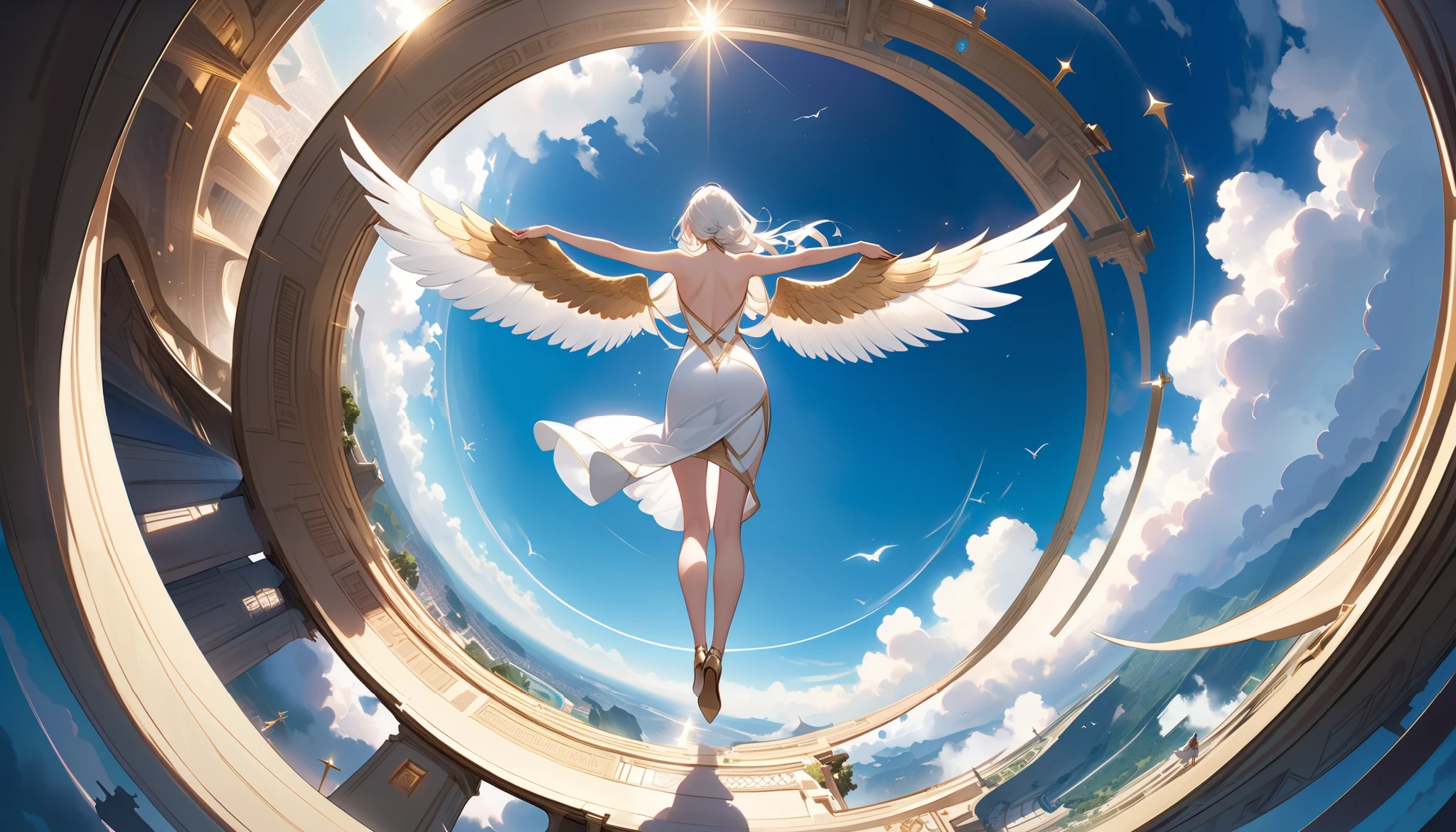 ((( dynamic pose:1.5))),( The character stands in the center of the screen:1.2)、(((very wide view:1.5))),((( hyperdetail :1.5))), (((masterpiece,  best quality, 最高masterpiece、超 Details,  Best Shadow:1.5))), (非常に Detailsで幻想的な背景), (非常に美しく Detailsな瞳), (Best lighting,  Extremely Delicate and Beautiful Face ), ((( 1 woman, Alone,White hair color、 straight long hair, Shot from a dynamic angle :1.5))),( A Young and Very Beautiful Angel )、((( A very glittering and vivid blue sky spreads out :1.5))), (((16k、((( Beautiful woman with long white hair and white goddess clothes looking down from behind an angel:1.5))), (((Big, beautiful angel wings grow from around her back shoulder blades :1.5))),(arms spread wide), ((( looking down at the world below from above the clouds :1.5)))、 An epic and wonderful fantasy world ,   Details, masterpiece、 best quality, Composition like a scene from a movie , golden ratio,((( I'm looking at her from above :1.2)))、The back of her head 、 Angel Wings are reflected in their entirety,((( anatomically correct:1.5)))、whole body、((( look down at the world below in a pose like Christ the Redeemer :1.5)))