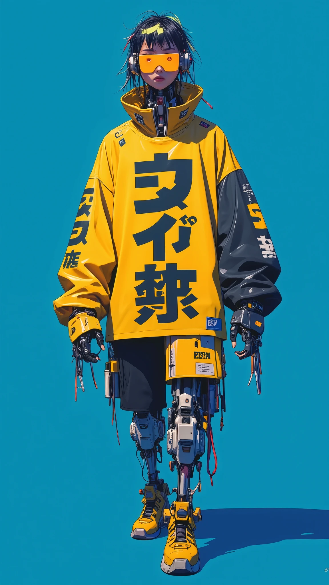 A Japanese anime character wearing streetwear with bold yellow and black lettering on the t-shirt, in the style of Yoji Shinkawa, a yellow and black color palette, and a blue background, and uses flat illustration techniques., anime-style characters, bold graphic illustrations, creating a cyberpunk aesthetic. It includes robotic legs made from metal and fabric, cyberpunk fashion, featuring a cyberpunk aesthetic, featuring a futuristic cyberpunk aesthetic, featuring black and yellow colors against a blue background. The style is influenced by the design work of T Blade, front view, full-body portrait, full-length portrait, giving it futuristic elements. This artwork has strong lines, inspired by graphic art styles from hip-hop music culture. The T-shirt features large typography with bold letters in neon colors., psychedelic surrealism