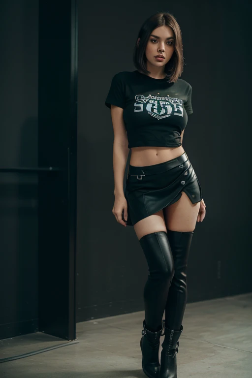 Female body with thick thighs defined by cybernetic body parts, mini skirt