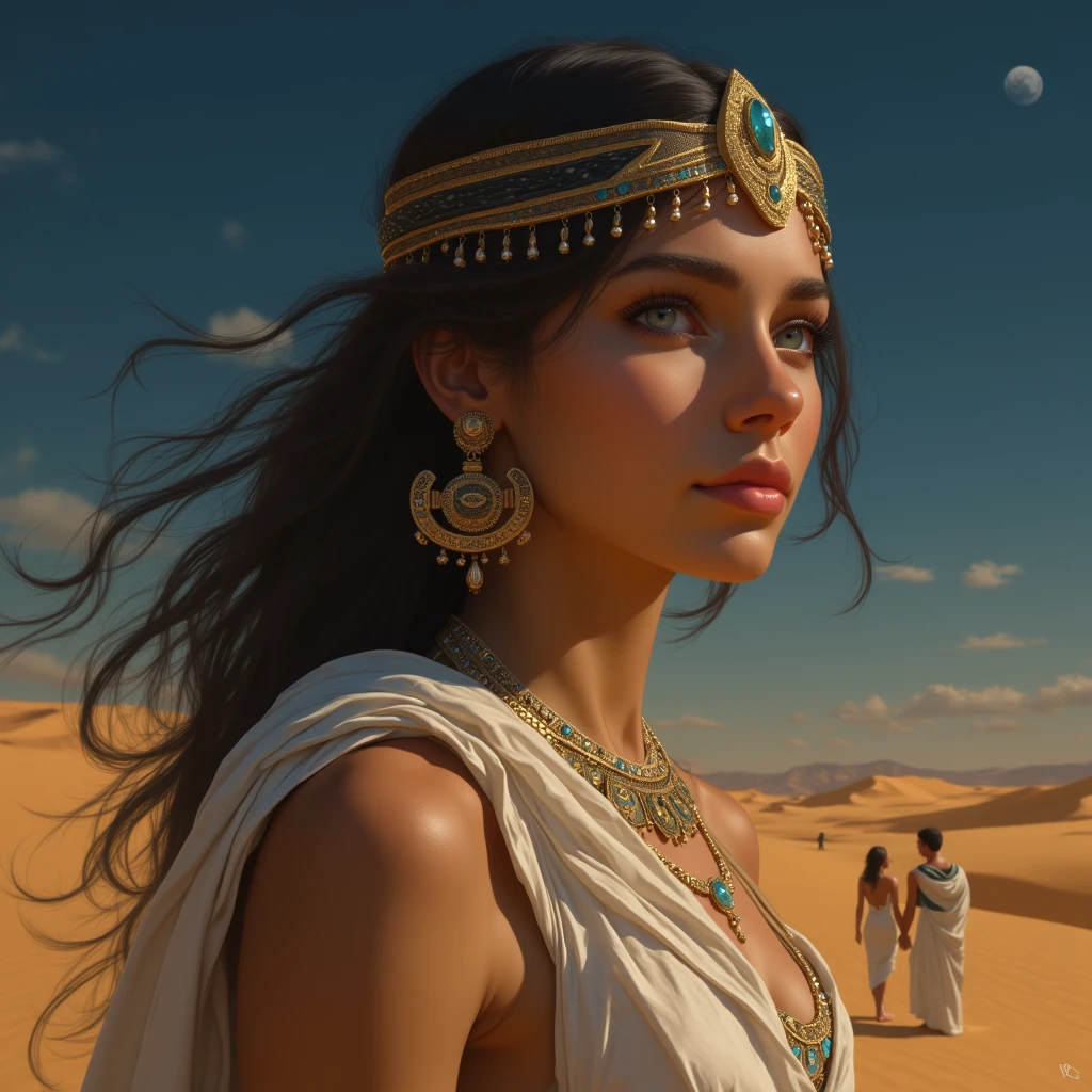 Una emperadora egipcia de piel morena hermosa levitando por el aire envuelta su escultural figura en polvo del desierto de fondo un paisaje de ejipto nocturno y a los pies de la empreradora las sombras en una joven pareja que intenta cubrise de la emperadoraimpressionism, impressionism, depth of field, jewelry, tiara, Multiple Views , From below, Afterimage, blue eyes, smile, closed mouth , smile ligera, Respiración fuerte, Half Moon Earrings , crystal earrings , cabello , Braid, High resolution , body masterpiece, impressionism,