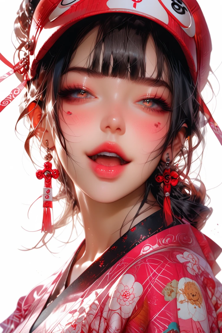 Cinematic, hyper-realistic, super detailed intricate , Hair covers my 、 Open your mouth loosely 、、 depression、 20 years、woman、 black hair 、 Red cheeks 、 pink lips , long straight hair 、plum、hime cut、 upper body 、 Look at the spectators 、 fundo um hotel、 best quality,