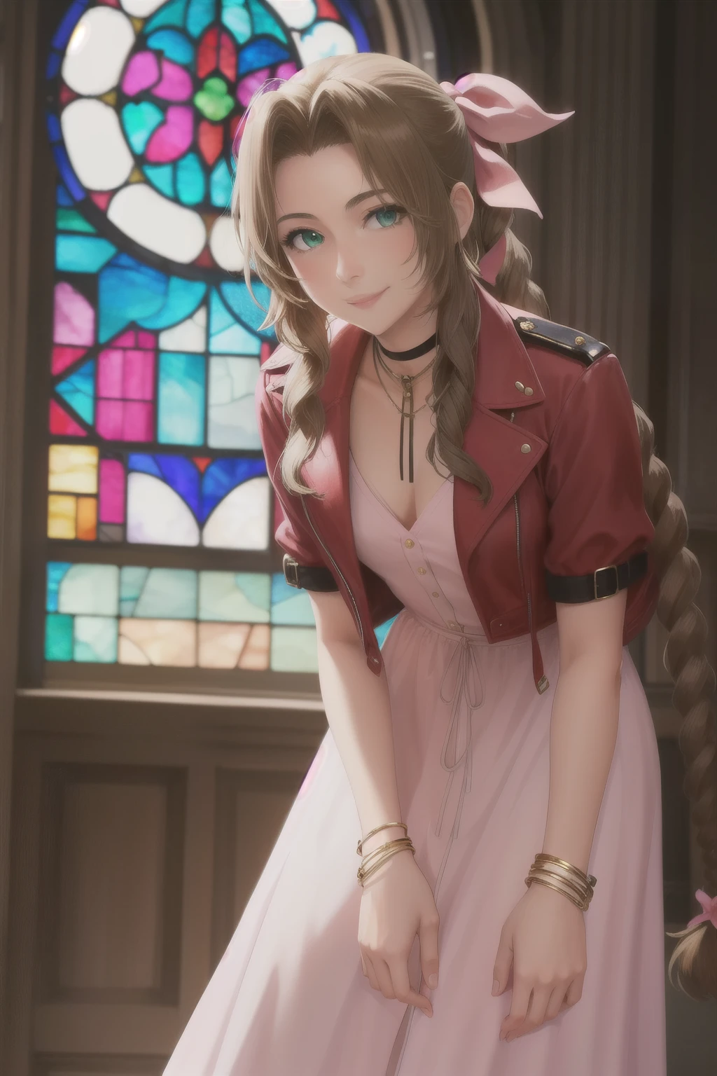 masterpiece, highest quality, Aeris Gainsbourg, choker, cropped jacket, hair ribbon, bracelet, pink dress, looking at the viewer, leaning forward, smile, closed mouth, indoors, stained glass window