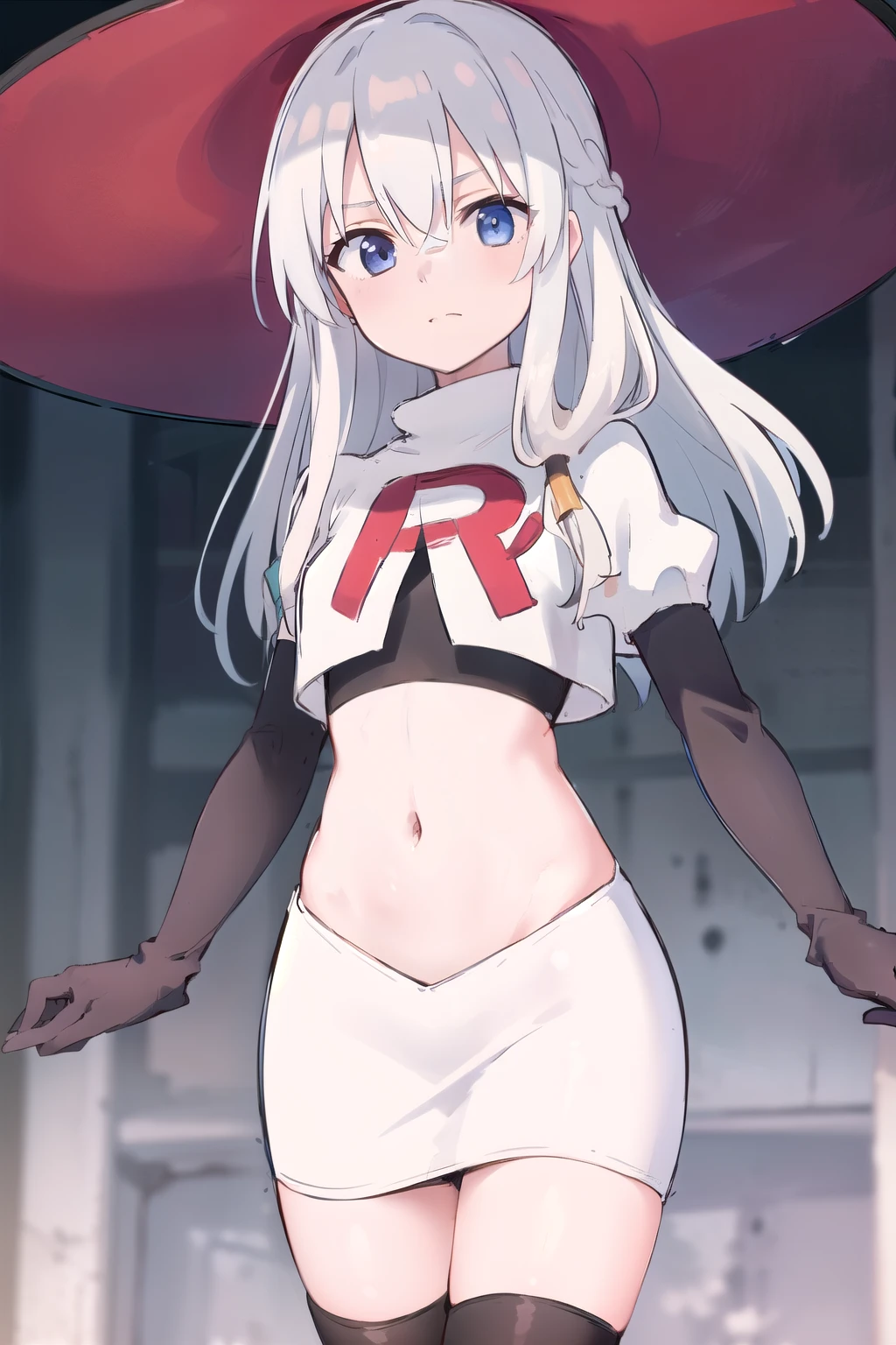 masterpiece, best quality, 1girl, aurora e. juutilainen, dog tail, animal ears, purple eyes, silver hair, outside, snow, team rocket,team rocket uniform,white skirt,red letter R,crop top,black thigh-highs,black elbow gloves