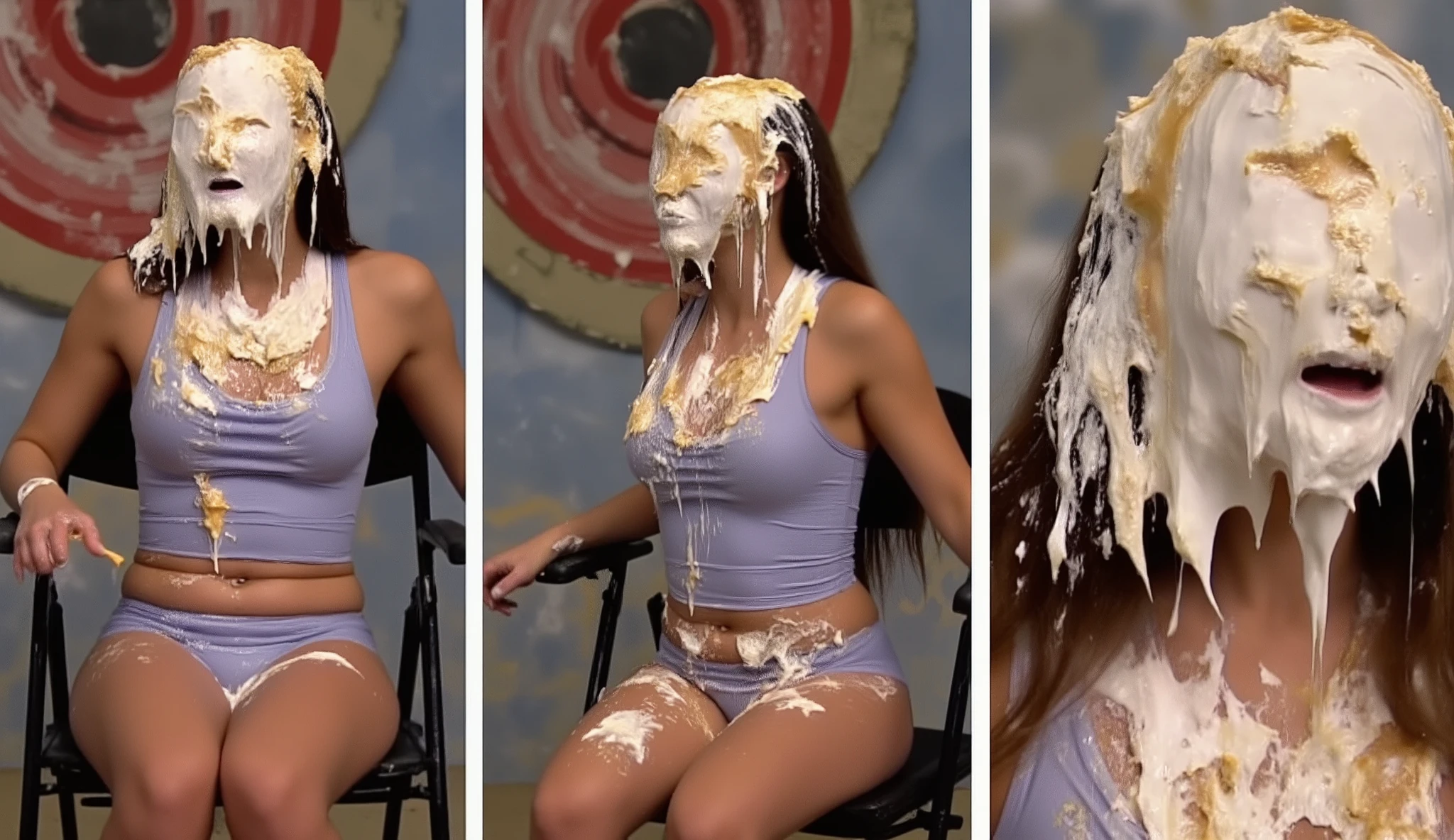 Three pictures side by side of the same beautiful 18-year-old girl on a gameshow, sitting in a folding chair, directly in front of a wall with a large target painted on it. In the left picture, the girl is completely clean. The middle picture is an action shot of the girl just at the exact moment that a pie hits her face. In the right picture, the girl is absolutley covered in pie cream, with her eyes, nose and mouth being completely obscured from view by all the pie cream.
