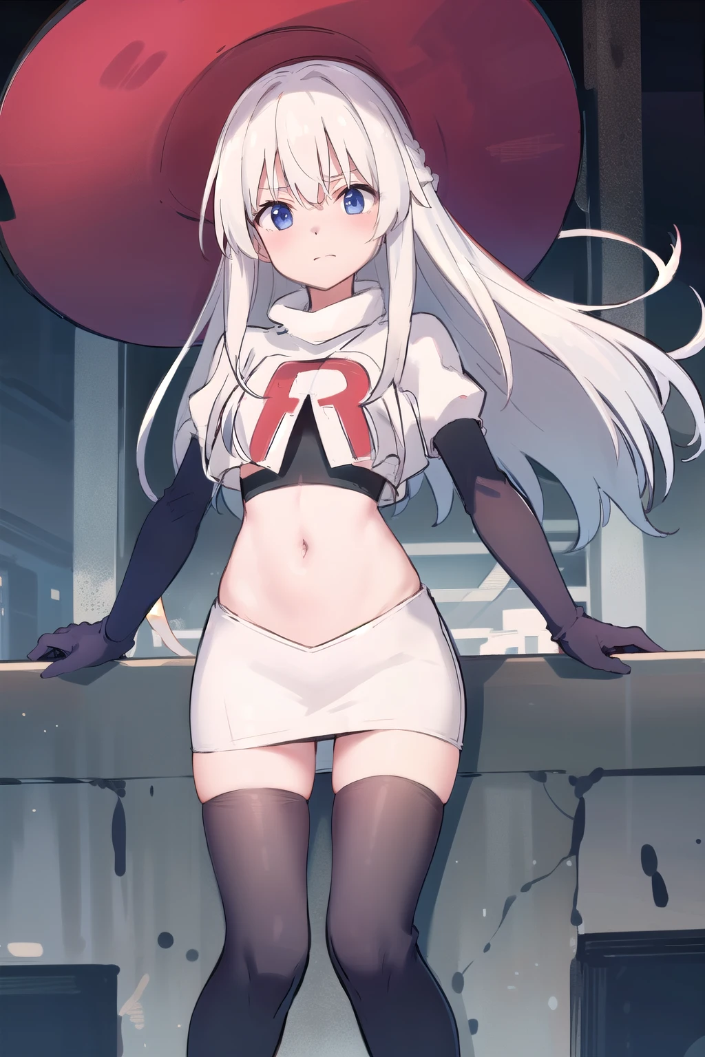 (masterpiece, best quality, highres),
elaina, hat, witch hat, solo, long hair, sky, witch, black headwear, looking at viewer, hair bundle, yellow hair band, team rocket,team rocket uniform,white skirt,red letter R,crop top,black thigh-highs,black elbow gloves