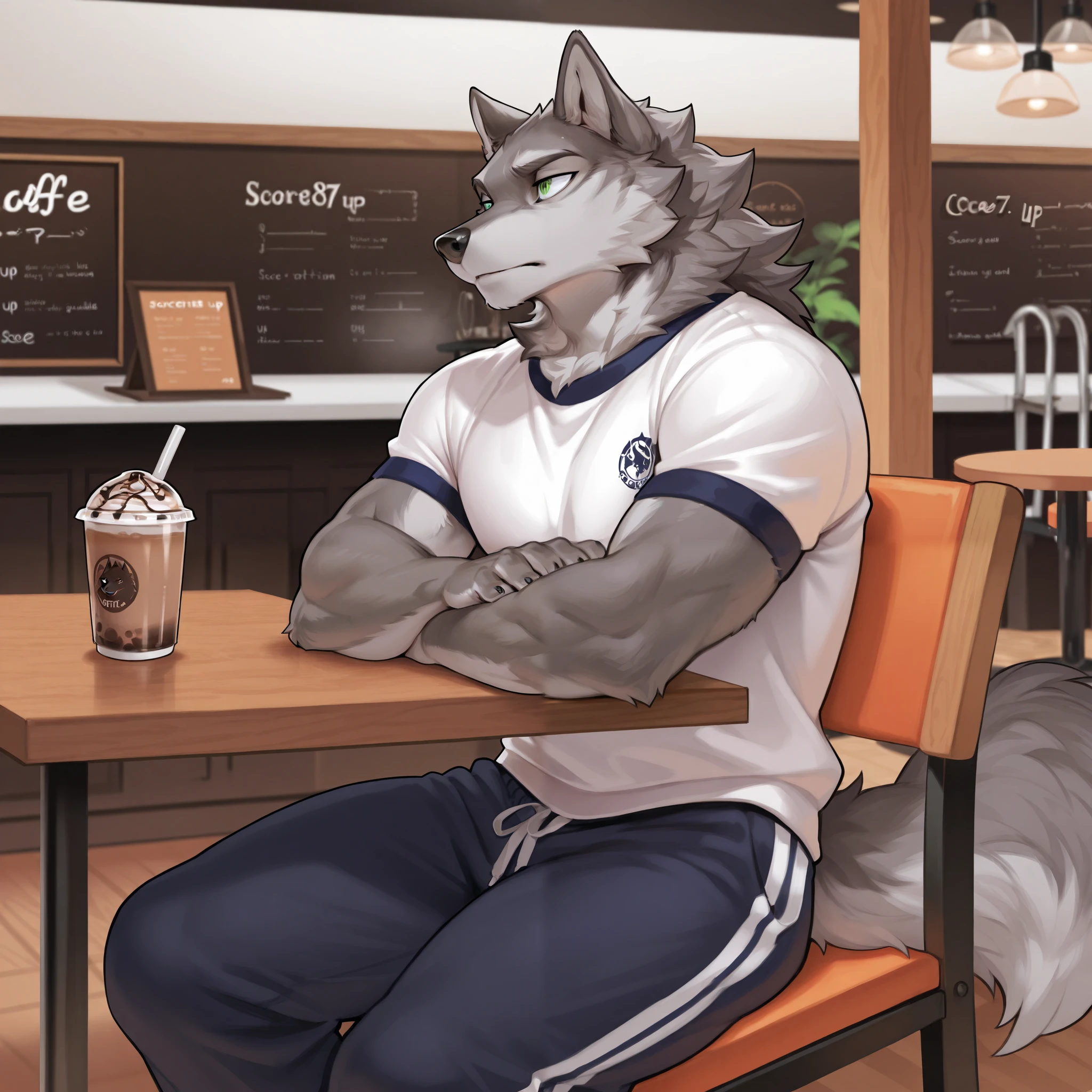 Furry wolf, wolf, man, masculine, sitting, buff, casual gym clothes, cafe, boba drink, green eyes, solo.