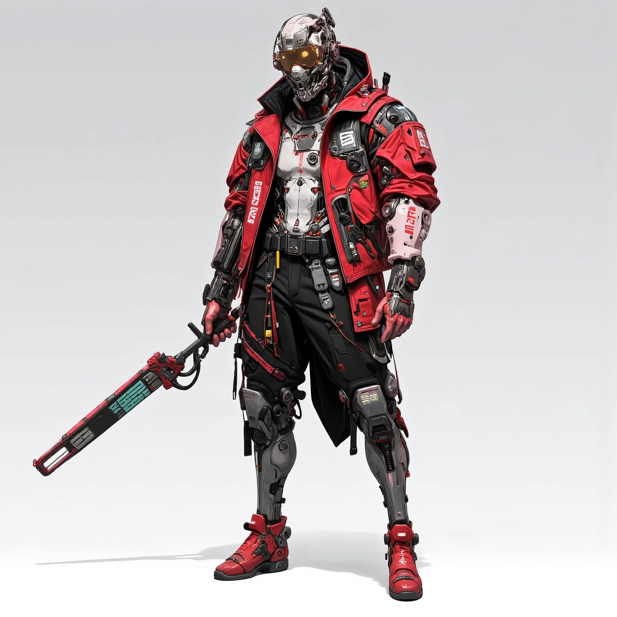 a futuristic cyberpunk warrior dressed in high-tech urban streetwear. The character is outfitted in a striking red and black color palette, with a bold design that merges functionality with a modern aesthetic. Key features include:
A red oversized jacket adorned with various text and symbols, providing both protection and style.
A sleek helmet with angular lines and a visor, emphasizing a combat-ready, advanced technological look.
Black tactical pants with white text and straps, offering mobility and a layered aesthetic.
Bright red boots with reinforced elements, complementing the jacket and ensuring a cohesive color scheme.
Accessories such as holsters, belts, and pouches attached across the outfit, adding practicality and depth.
A futuristic weapon, resembling a high-tech bat or melee tool, held confidently, signaling readiness for action.