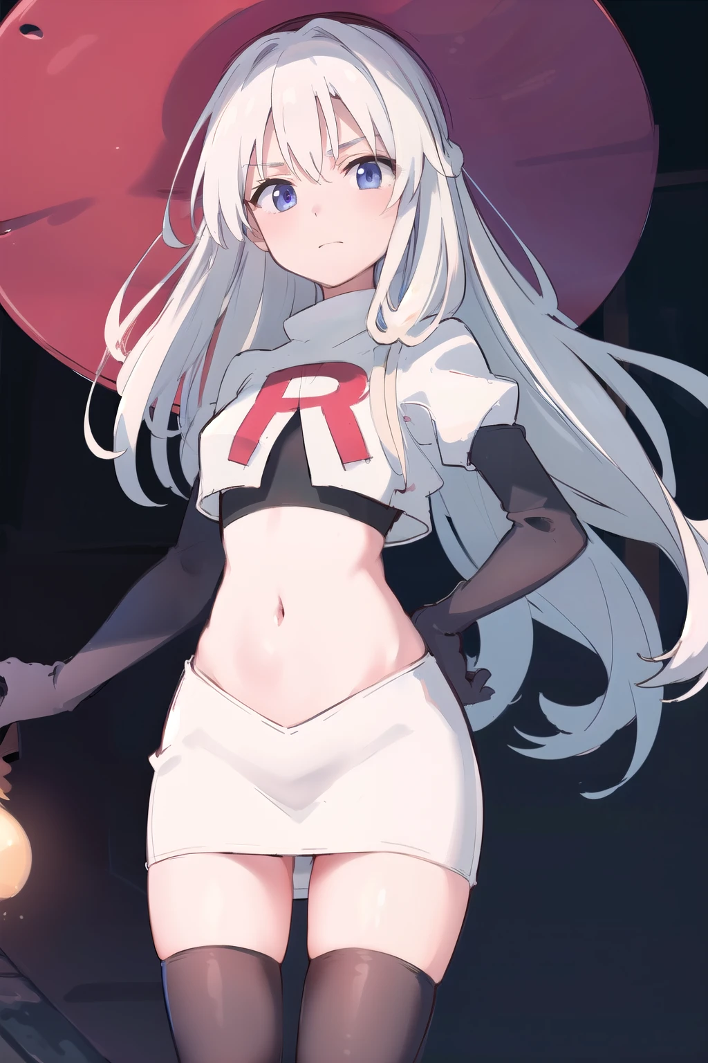 (masterpiece, best quality, highres),
elaina, hat, witch hat, solo, long hair, sky, witch, black headwear, looking at viewer, hair bundle, yellow hair band, team rocket,team rocket uniform,white skirt,red letter R,crop top,black thigh-highs,black elbow gloves