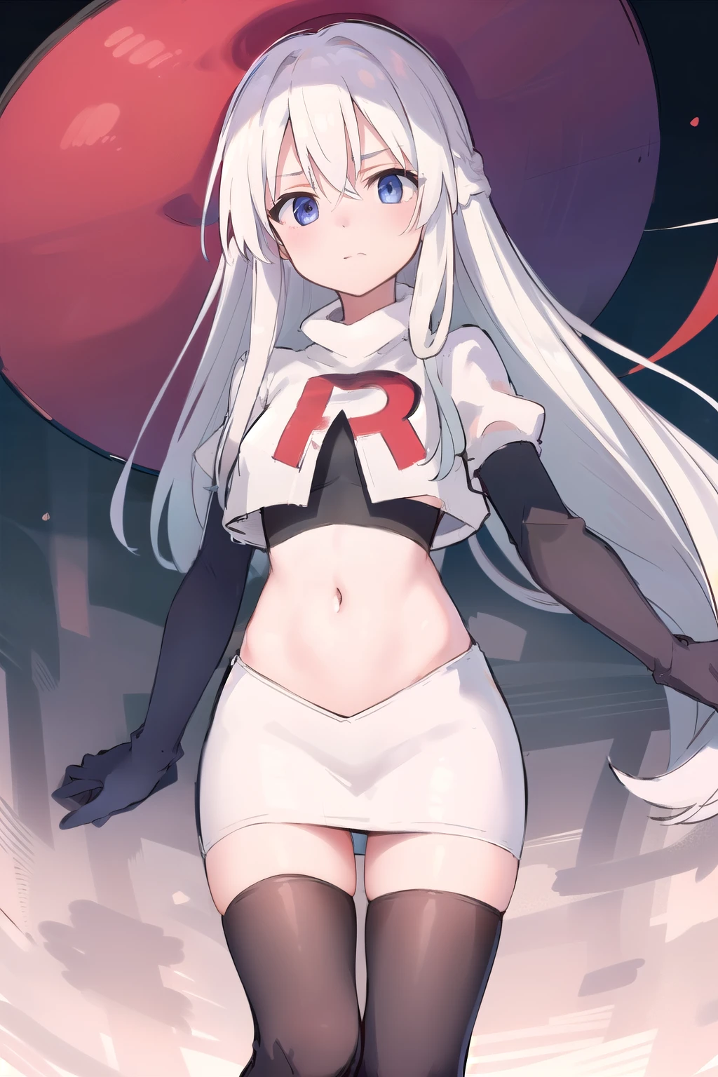 (masterpiece), 1girl, hair over one eye,magical world, shiny steps, beautiful sky, stars, jupiter, ioridef, team rocket,team rocket uniform, red letter R, white skirt,white crop top,black thigh-highs, black elbow gloves