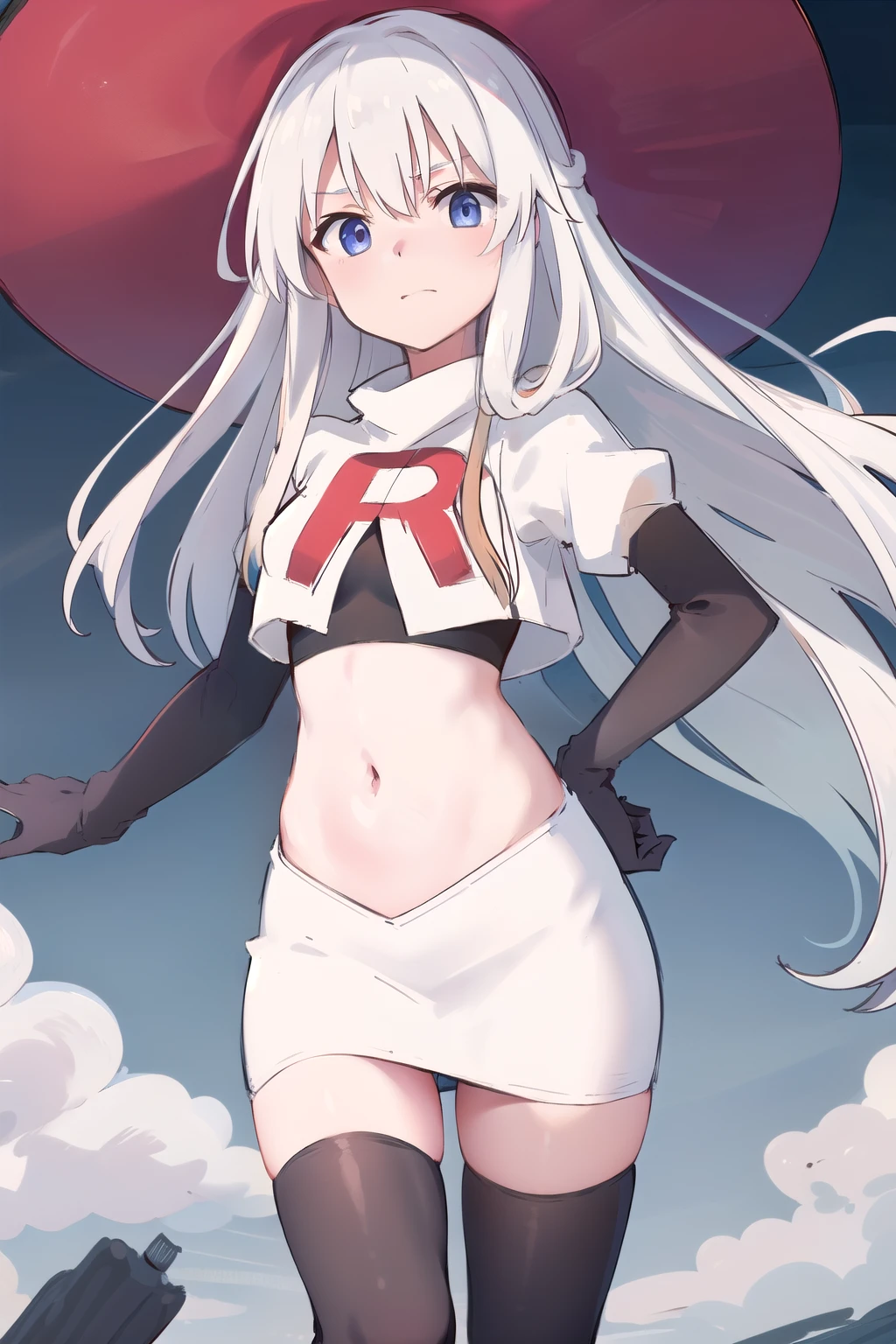(masterpiece, best quality, highres),
elaina, hat, witch hat, solo, long hair, sky, witch, black headwear, looking at viewer, hair bundle, yellow hair band, team rocket,team rocket uniform,white skirt,red letter R,crop top,black thigh-highs,black elbow gloves