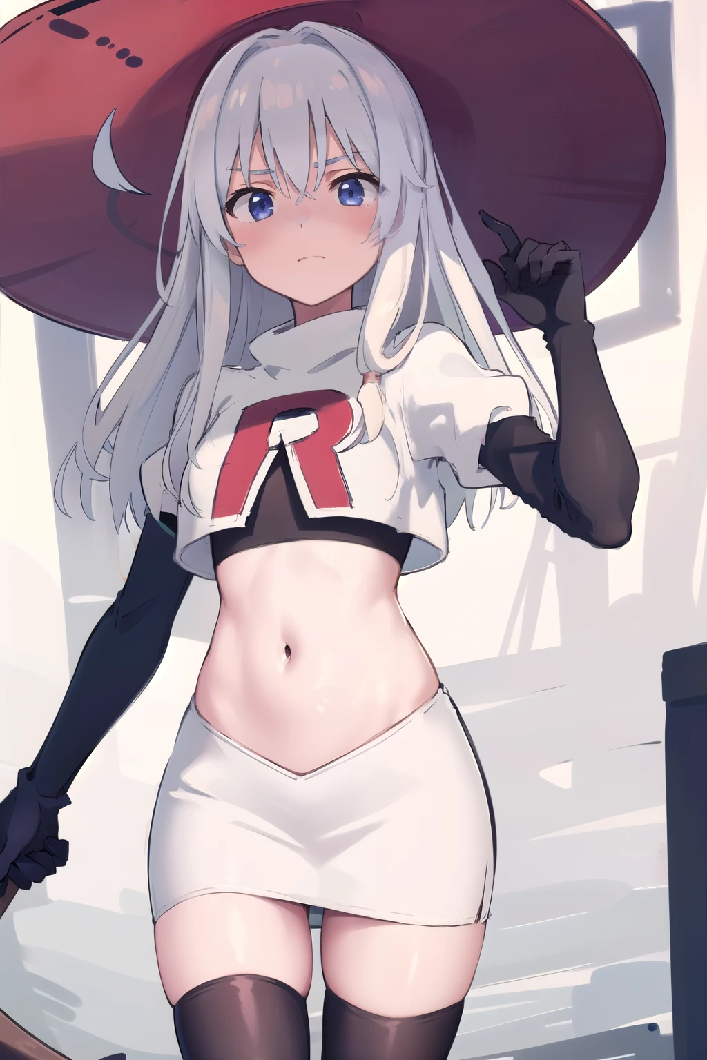 (masterpiece, best quality, highres),
elaina, hat, witch hat, solo, long hair, sky, witch, black headwear, looking at viewer, hair bundle, yellow hair band, team rocket,team rocket uniform,white skirt,red letter R,crop top,black thigh-highs,black elbow gloves