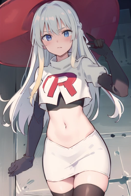 micaiah fe,  team rocket uniform, red letter R, white skirt,white crop top,black thigh-highs,black elbow gloves, confident smile