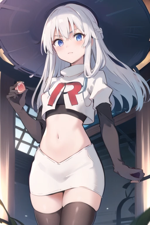 1girl, skirk \(genshin impact\), earrings, butterfly hair ornament, looking at viewer, starry sky, shooting star, cowboy shot, masterpiece, team rocket,team rocket uniform,white skirt,crop top,black thigh-highs,black elbow gloves,