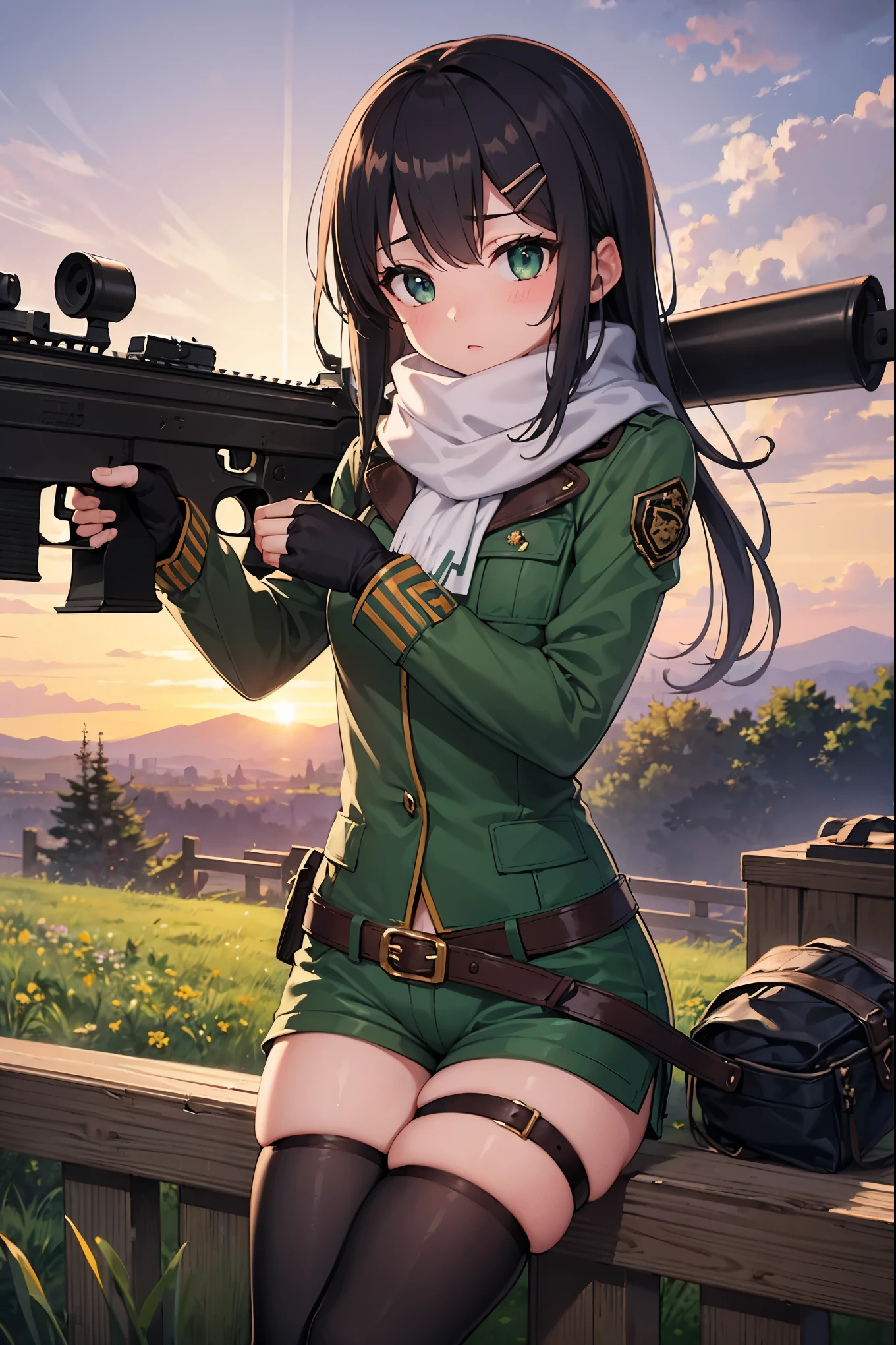 masterpiece, best quality, integrated scenery, integrated background, extremely delicate and beautiful, meticulous details, good composition, , cute face, perfect face, perfect hands, best quality, expressive eyes, perfect face, highres, scarf, fingerless gloves, long sleeves, short shorts,groin, hair ornament, hairclip, green thighhighs, green jacket, thigh strap, field, sunset_ruins_landscape_background, ruined structures, dynamic_posing, looking at the viewer,(covered_navel:0.7), 1big_rifle,carry_big_rifle,sitting,little_flowers,