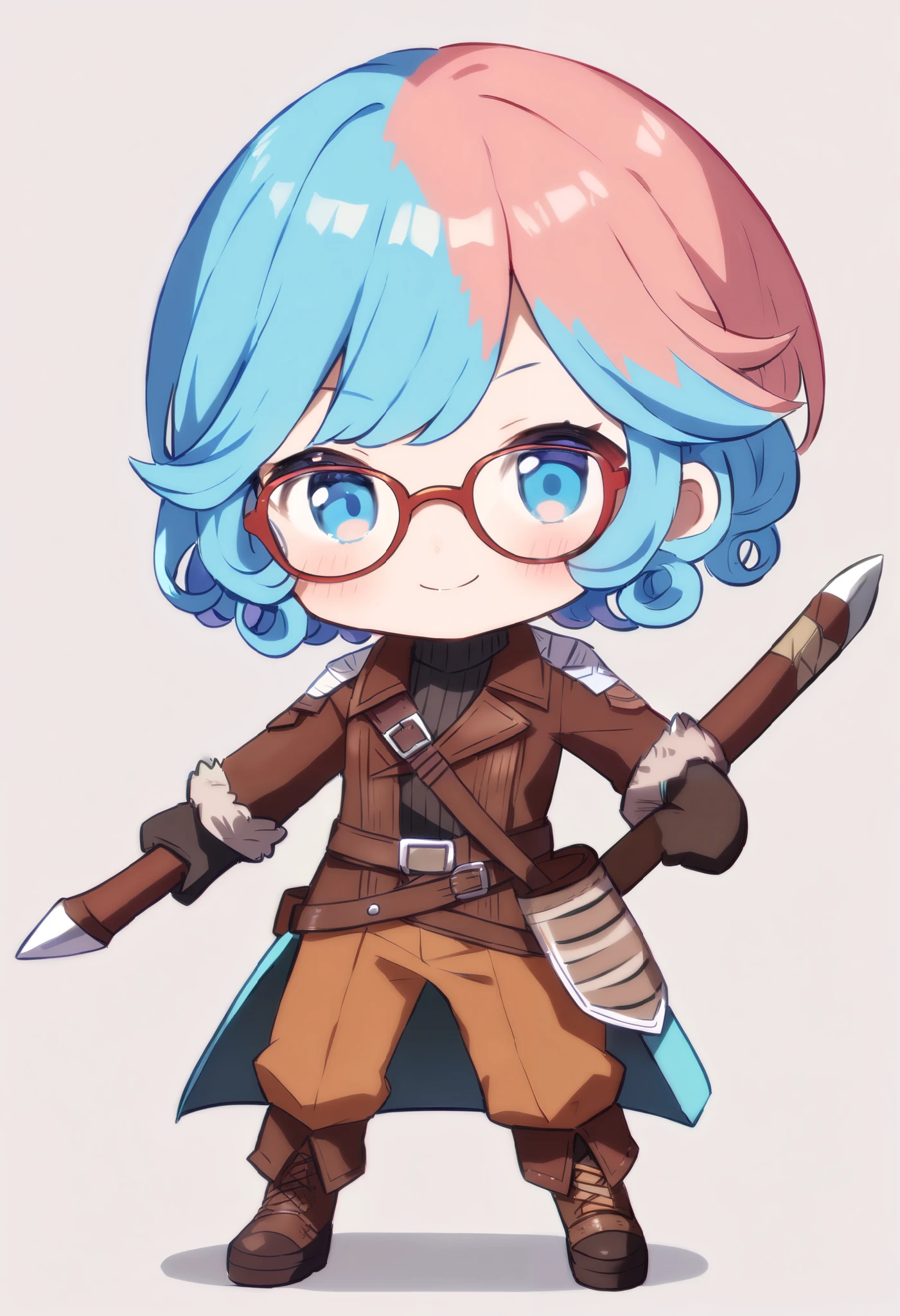 Monster Hunter cosplayerの少女1人, chibi, Pastel Colors , smile、 blue hair , short hair , curly hair , black turtleneck 、 Long Sleeve 、glass、 stand straight and face the front with curly hair and elbows shoes ((Leather clothing:1.3)),( Battle Costume), (( Monster Hunter cosplayer:1.3)),Glasses、 white background