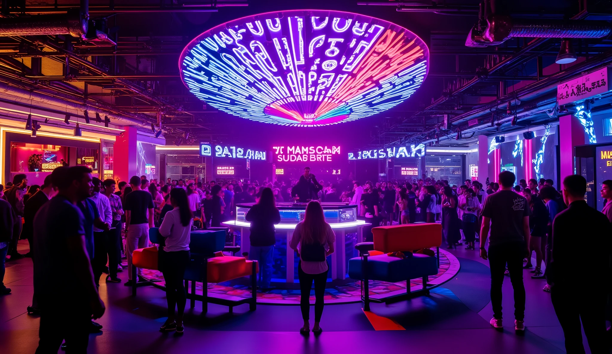 Create a high-definition visual: A dynamic close-up of a trendy pub interior, alive with patrons enjoying a night out. Colorful LED lighting and laser projections fill the air, with the words “Night Wonder” glowing prominently. Indie-style furniture bursts with color, blending seamlessly into the party vibe. In the center, the impressive DJ table pulses with energy, captivating the crowd and enriching the lively EDM experience, showcasing the essence of urban nightlife.