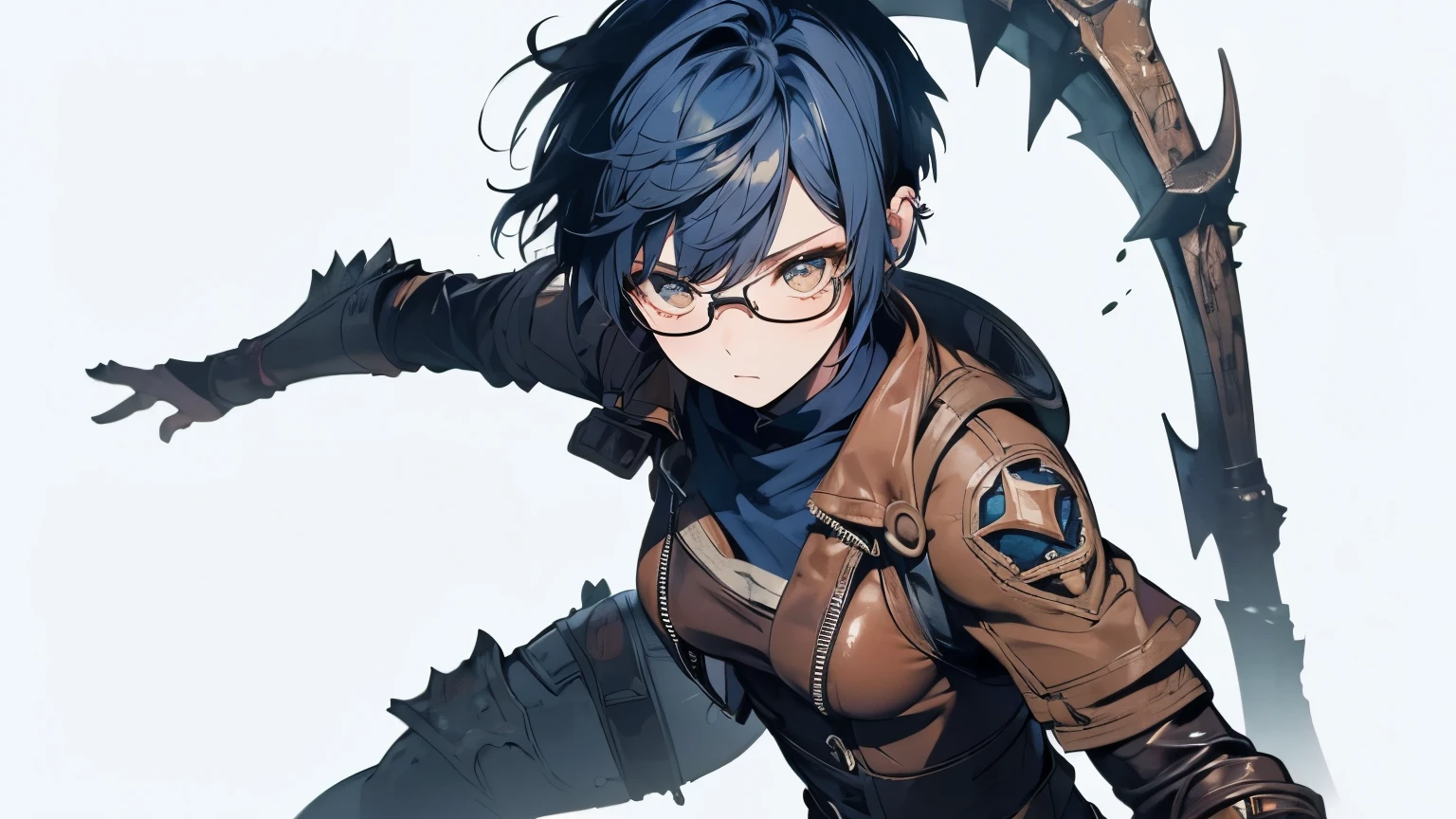 wilderness、Beauty ,Masterpiece, (20 years old), (( Low Technology :1.3)),((Leather clothing:1.3)), (),( Battle Costume), (( Monster Hunter cosplayer:1.3)), (( short hair:1.2)),( Battlefield-like :1.2), Big Sword:1.2, Shrimp, ((Combat Stance)),(( DYNAMIC ACTION :1.3)), (( slender body:1.3)),( big breasted ), ( perfect body through Ngs),(( skinny)), (( Viewer)), upper body, ( detailed face :1.2), ( detailed eyes),( big eyes), ( sharp),(( pubic skin:1.3)),( clean skin), ((Visual beauty)) Glasses、 short hair、Blue Hair Color、 Curly Hair、 upper body、 Glasses、 white background