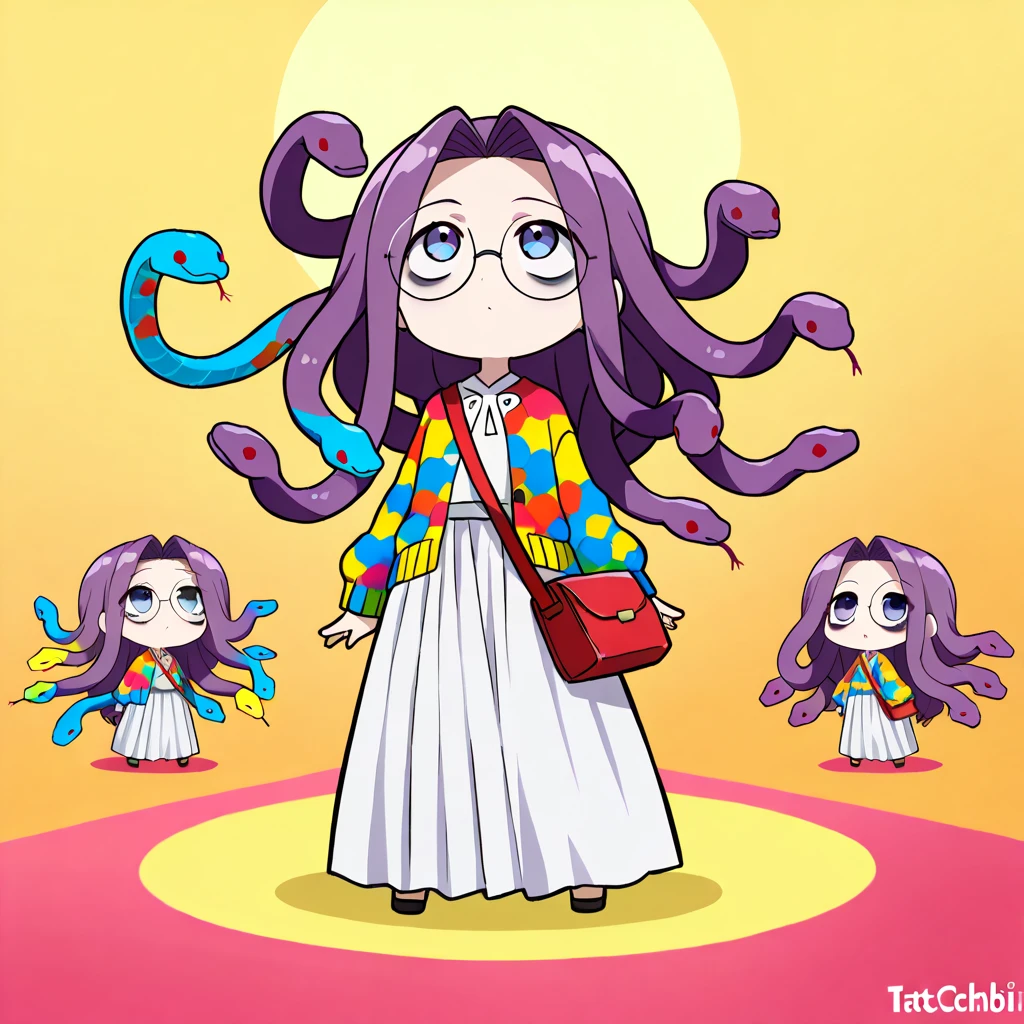 (The most amazing scene ever created:1.0), (Masterpiece:1.0), (Best Quality:1.0), (amazing quality:1.0), (sharpest focus:1.0), (anime style:1.0), (chibi style:1.0), (beautiful face and eye:1.2), 
(Depth of field:1.0), (super fine:1.0), (16k:1.0), (incredibly absurdres:1.0), (extremely detailed:1.0), (delicate and dynamic:1.0), (very aesthetic:1.0), (absurdres:1.0), (beautiful face and eye:1.2), (perfect :1.2), 
(very simple drawing:1.2), (chibi beautiful young medusa:1.3), (colorful snake with a lot of hair:1.5), (very large dark circles under eyes:1.3), (looking up in a languid daze:1.4), (Tattered cardigan and long skirt:1.2), 
(Tattered big shoulder bag:1.0), (round glasses:1.1), (Comical:1.2), (Deformed:1.3), (Comedy:1.4), (Standing in a daze:1.2), (Cute chbi beautiful young girl like a toy:1.4), (snake hair:1.2), (Large amount of snake hair:1.2), 
Vibrant colors, Mystical beauty, Fantastic beauty, unimaginable beauty, beauty beyond imagination, Overwhelmingly written images, 