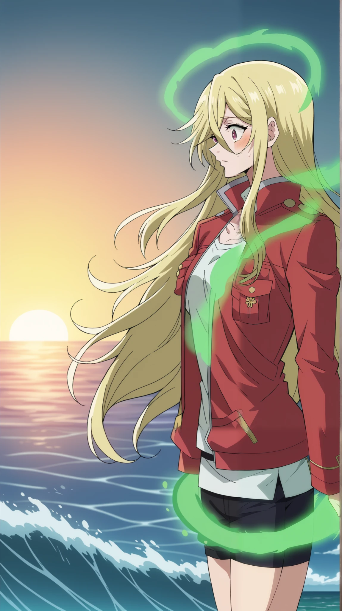 score_9, score_8_ top, score_7_ top, score_6_ top, score_5_ top, blonde in profile, 1 sixteen year old girl , long-haired blonde , fragile, slim, blond long golden hair , bangs on the forehead, hair between eyes , raspberry eyes , dark pink eyes , a warm crimson jacket, warm shorts , warm tights , reaches for the sea , reached for the sea , reached out to the sea . Long hair develops in the wind . The wave reaches for the girl's hand, magic, stands on sea water among the waves , Sunset, twilight. sea, looks at the sea, 1 girl, One, style to blush, confused around the body, the light green lines intersect like a wiring diagram, green aura , green glow